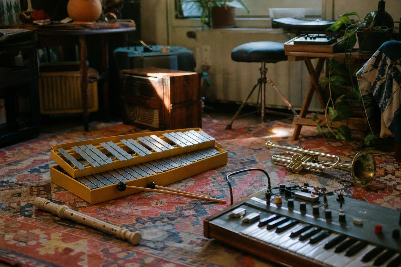 Proberaum mit Glockenspiel, Blockflöte, Trompete und kleinem Synthesizer auf bunten Teppichen (mit AI erstelltes Bild)