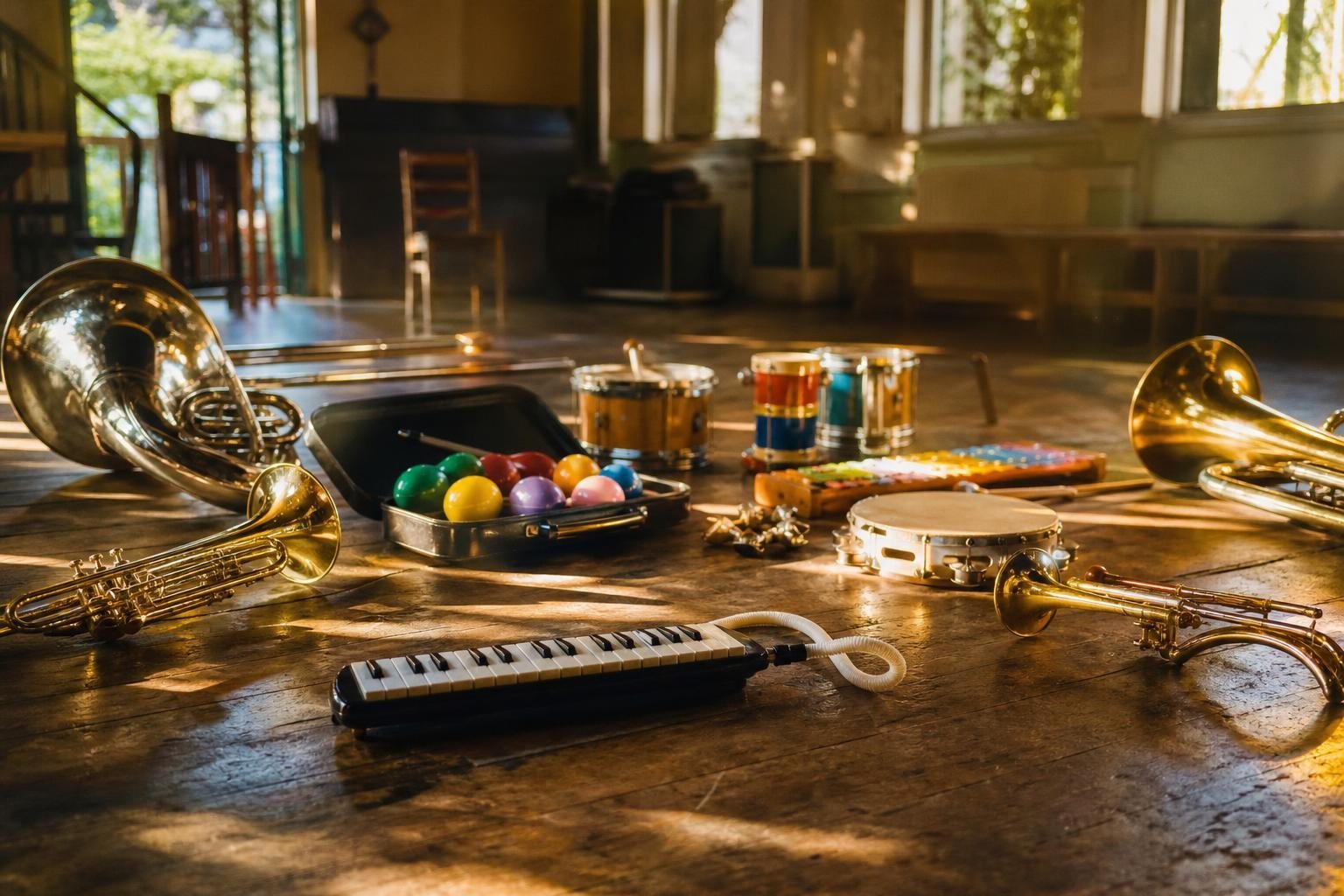 Blechblasinstrumente, Melodica und bunte Percussion auf dem Holzboden eines sonnigen Gemeindesaals (mit AI erstelltes Bild)