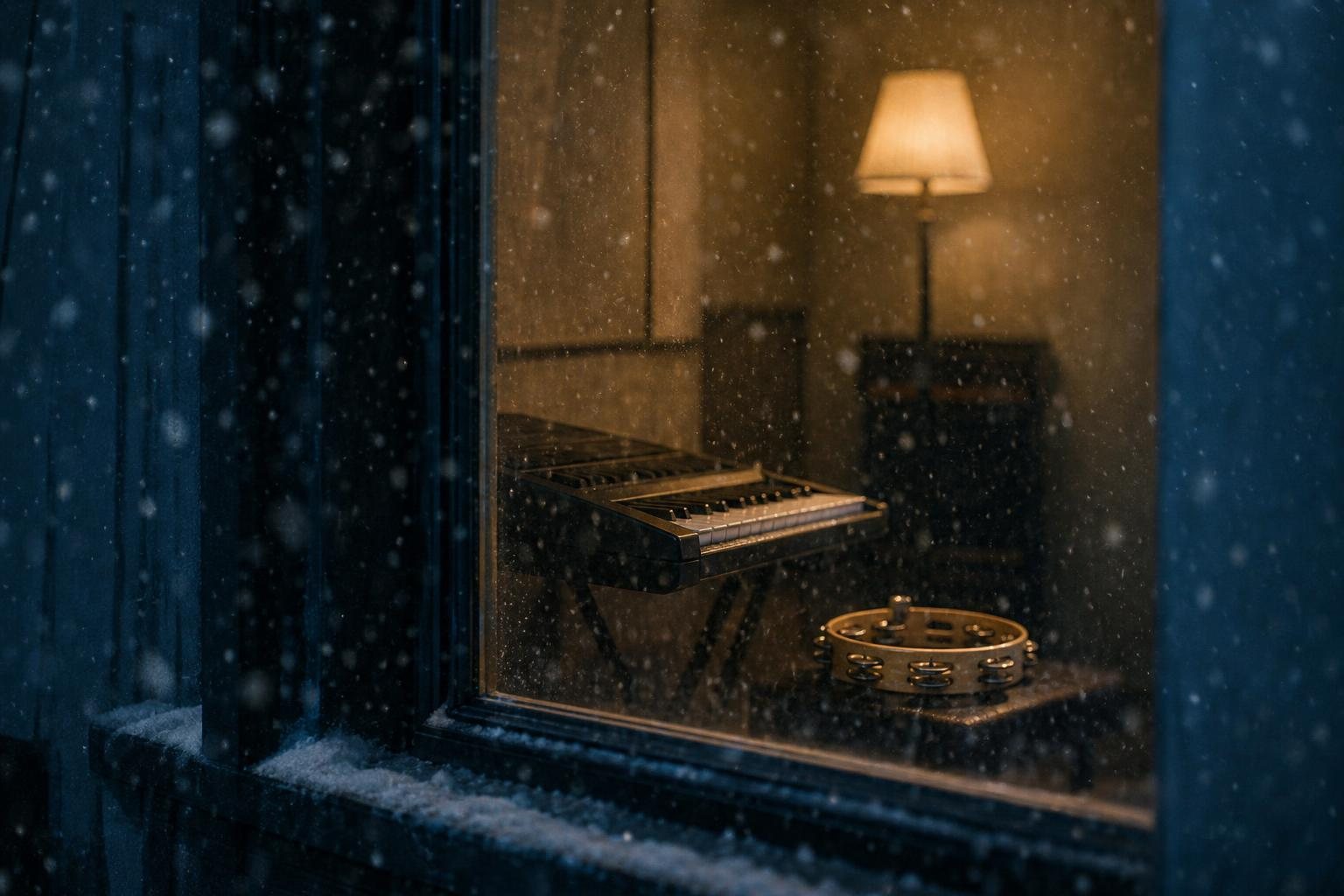 Schnee fällt vor dem Fenster eines kleinen Proberaums mit Keyboard und Tamburin (mit AI erstelltes Bild)