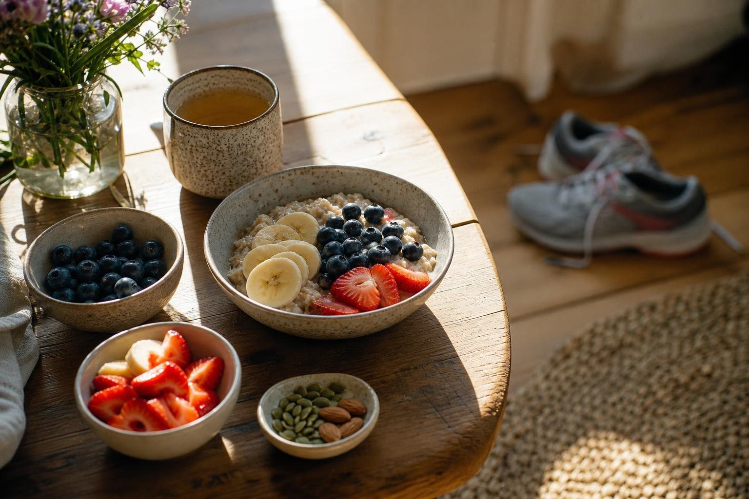 Sonniger Frühstückstisch mit Obst, Haferflocken und Kräutertee, daneben Laufschuhe auf dem Boden (mit AI erstelltes Bild)