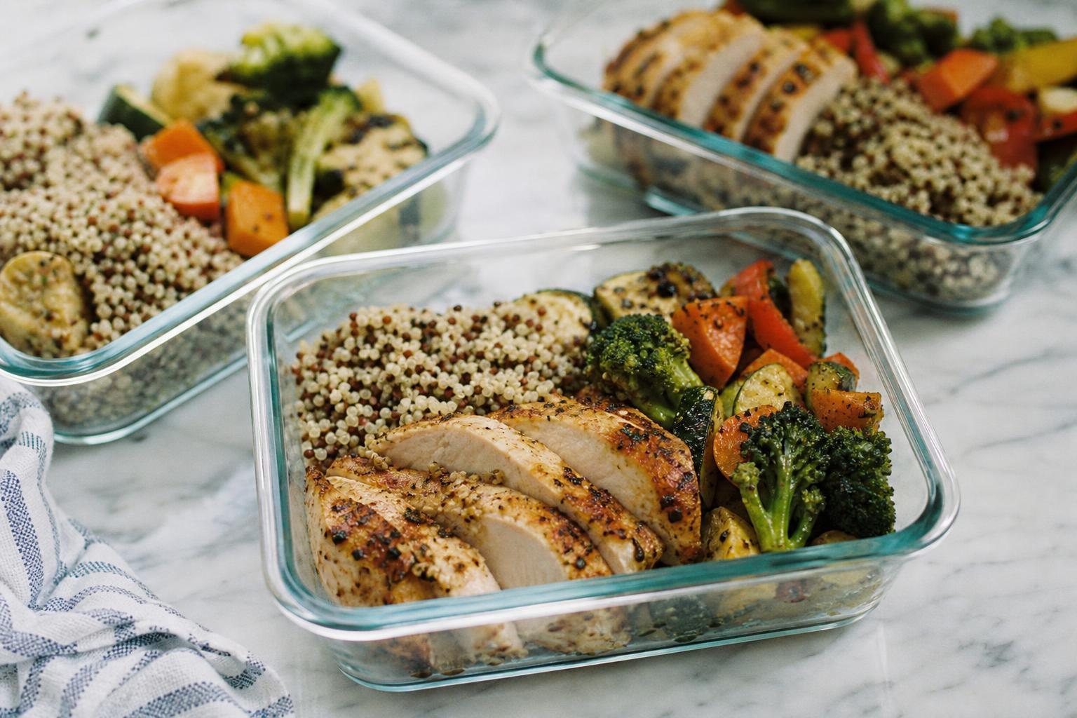 Glasbehälter mit gegrilltem Hähnchen, Quinoa und Gemüse auf einer Marmorplatte (mit AI erstelltes Bild)