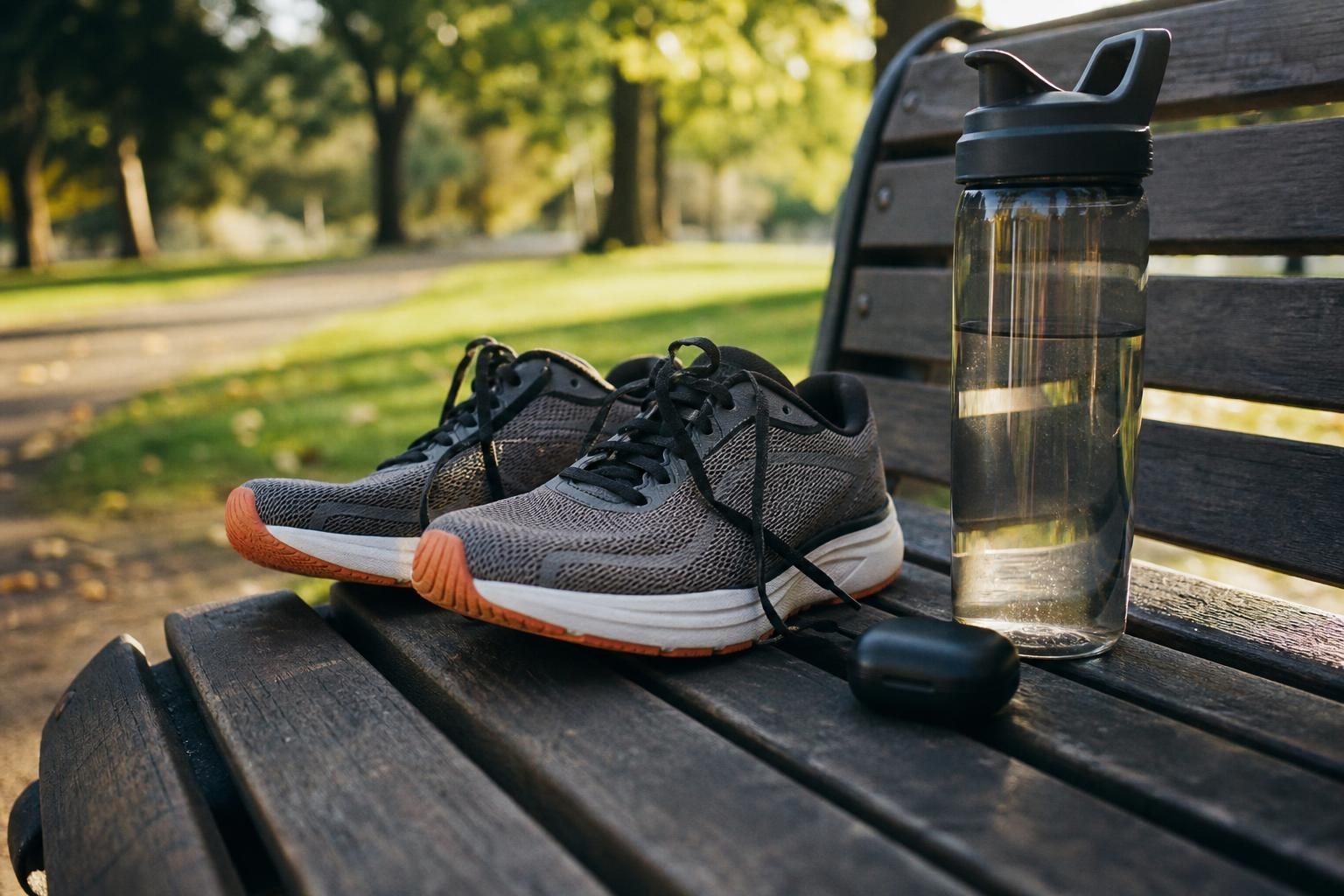 Laufschuhe, Trinkflasche und Kopfhörer-Etui auf einer Parkbank am Morgen (mit AI erstelltes Bild)