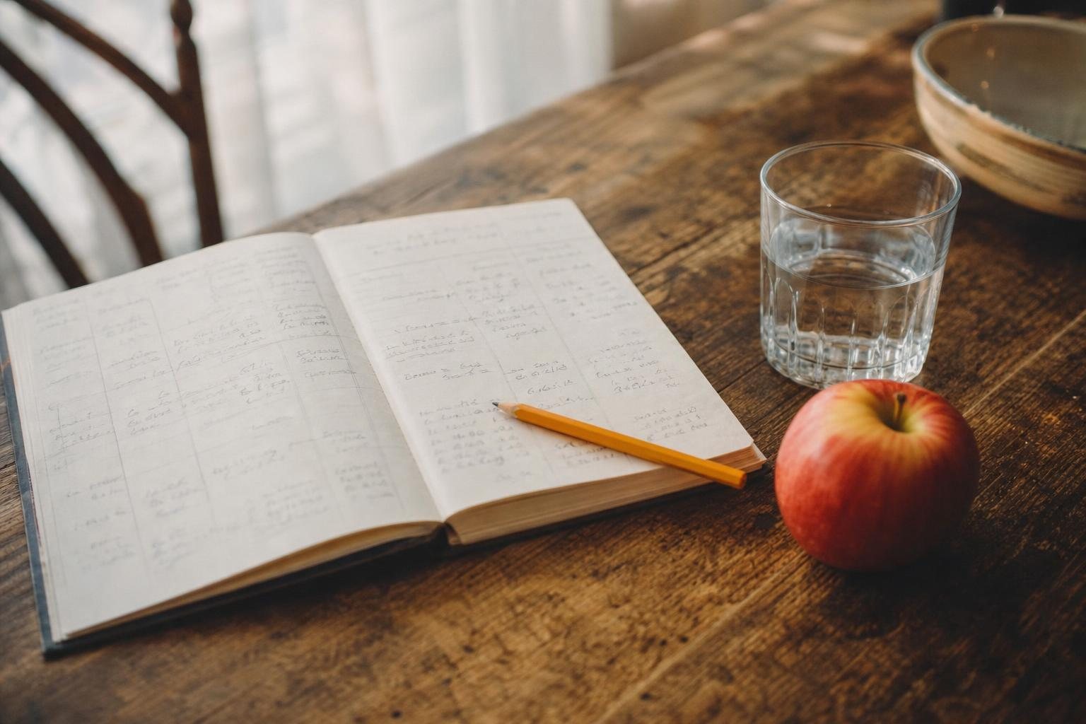 Aufgeschlagenes Ernährungstagebuch mit Bleistift neben einem Apfel und einem Glas Wasser (mit AI erstelltes Bild)