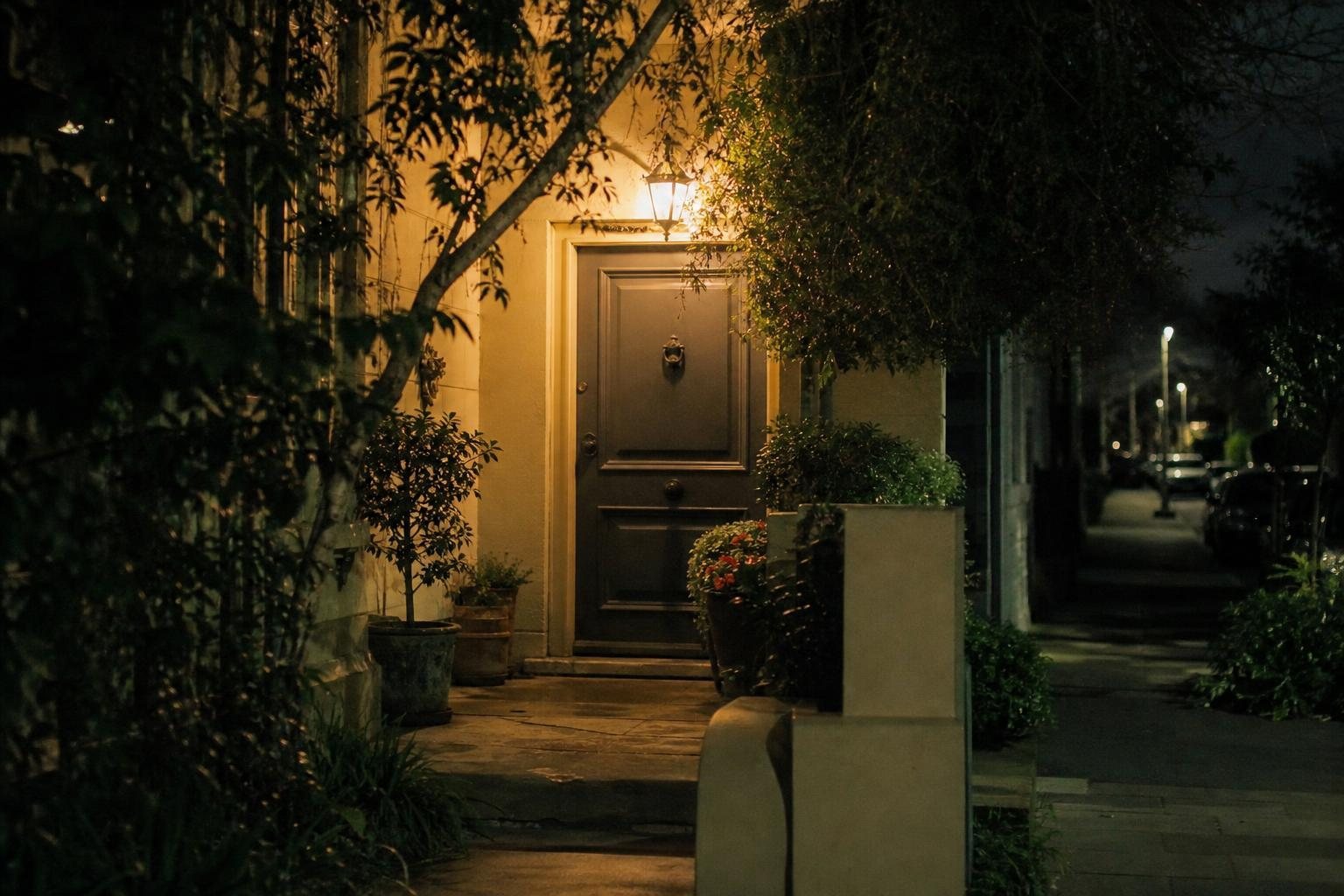 Geschlossene Haustür bei Nacht mit brennender Außenlampe in einer ruhigen Straße (mit AI erstelltes Bild)