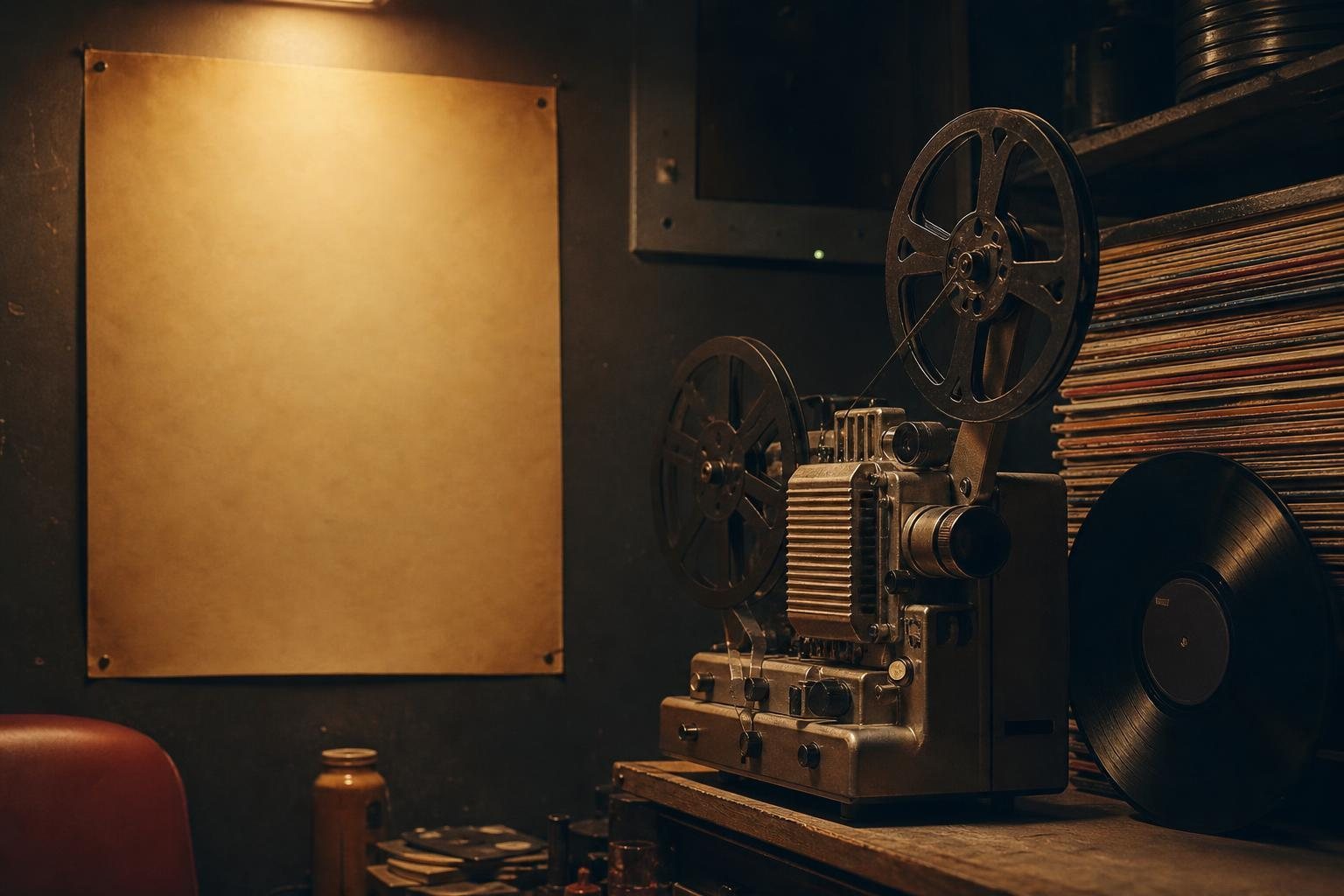 Filmprojektor neben einem Stapel Schallplatten in einem Kinohinterzimmer im warmen Licht (mit AI erstelltes Bild)