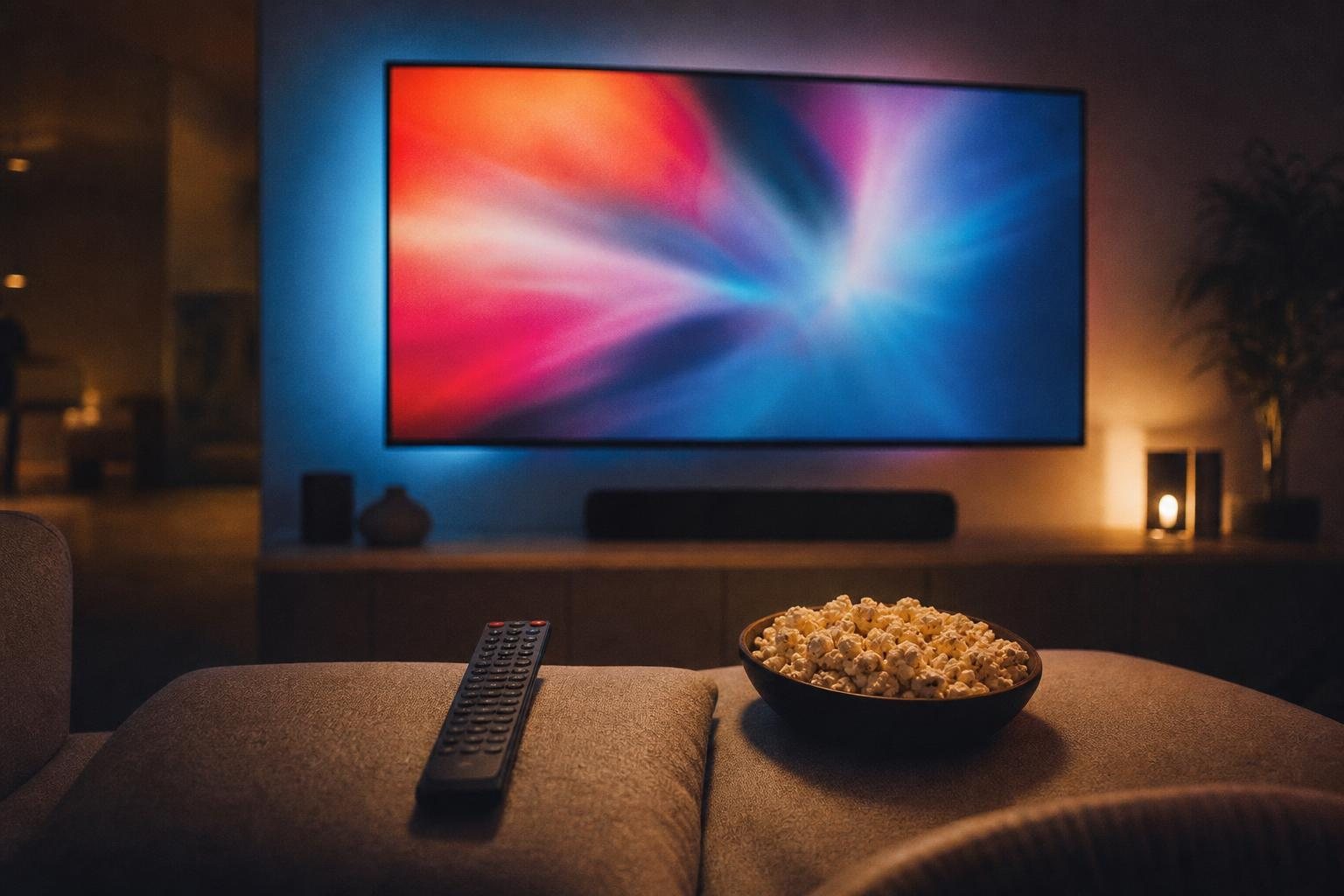 Fernbedienung und Popcornschale auf einem Sofa vor einem modernen Fernseher mit abstraktem Farbbild (mit AI erstelltes Bild)
