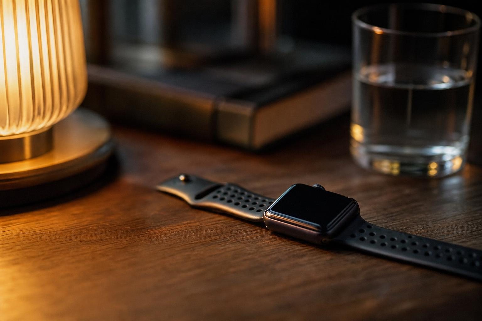 Smartwatch auf einem Holzschreibtisch neben einer Abendlampe und einem Glas Wasser (mit AI erstelltes Bild)