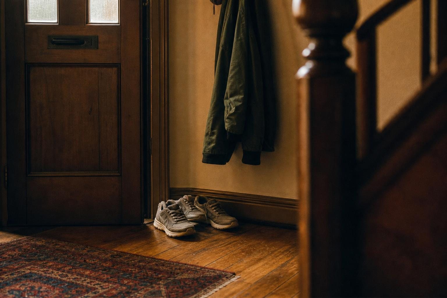 Turnschuhe an der Wohnungstür neben einer Jacke am Haken, bereit für einen Abendspaziergang (mit AI erstelltes Bild)