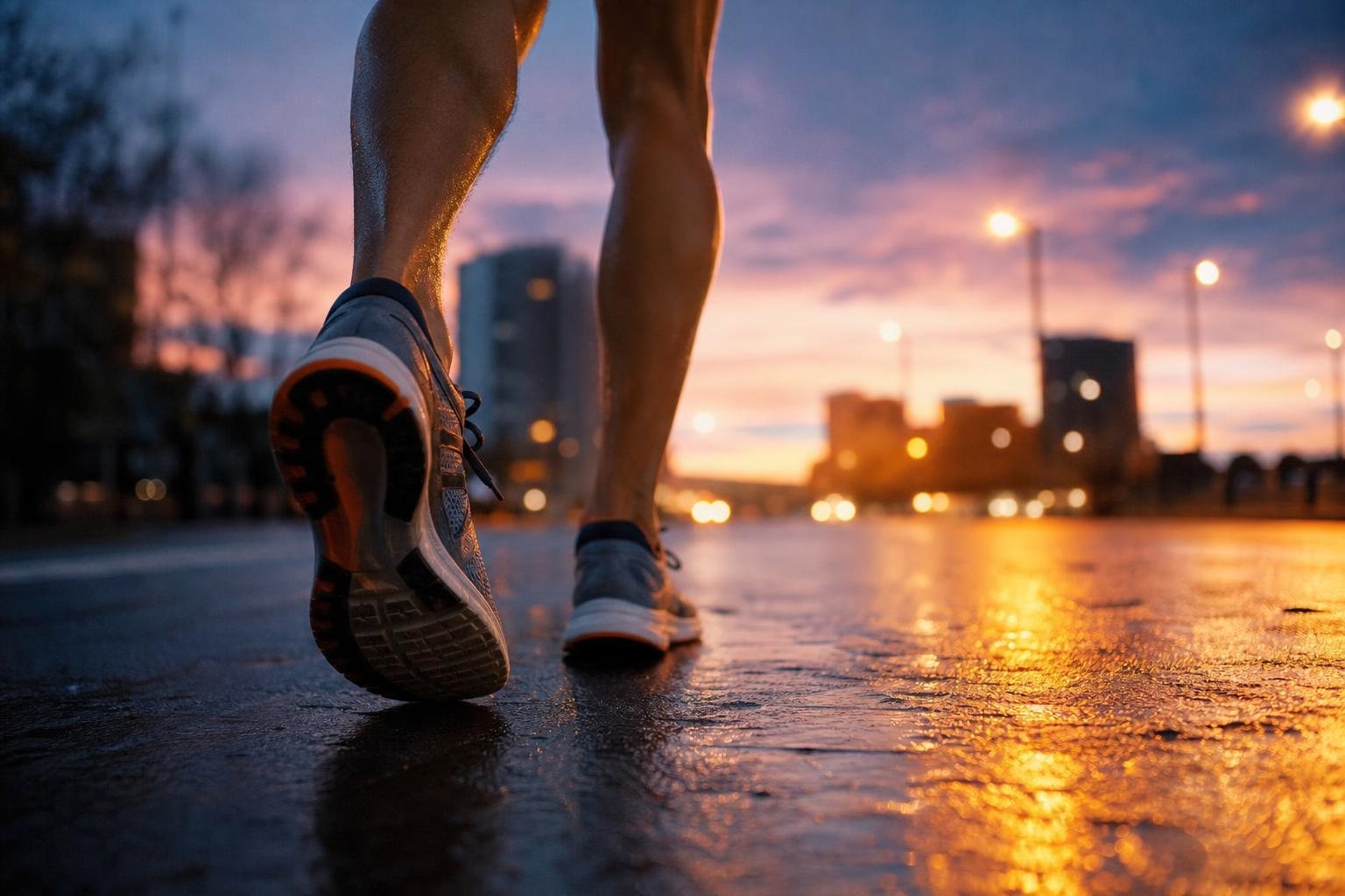 Laufschuhe auf nassem Asphalt in der Abenddämmerung, im Hintergrund Stadtlichter (mit AI erstelltes Bild)