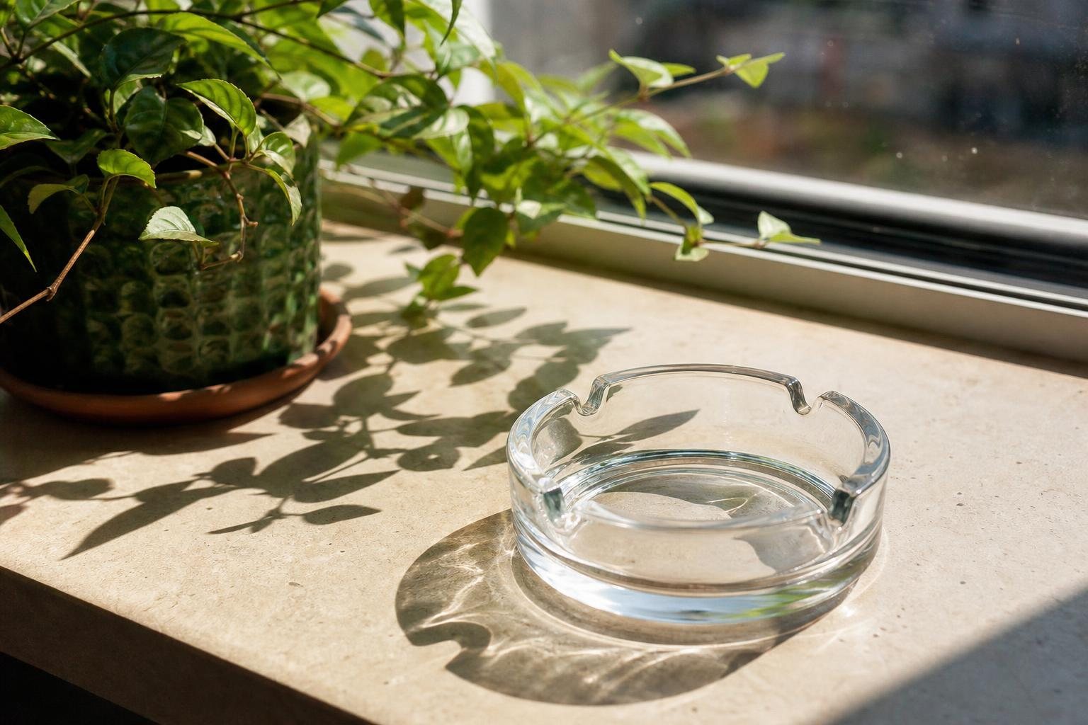 Leerer sauberer Aschenbecher neben einer keimenden grünen Pflanze auf einem sonnigen Fensterbrett (mit AI erstelltes Bild)