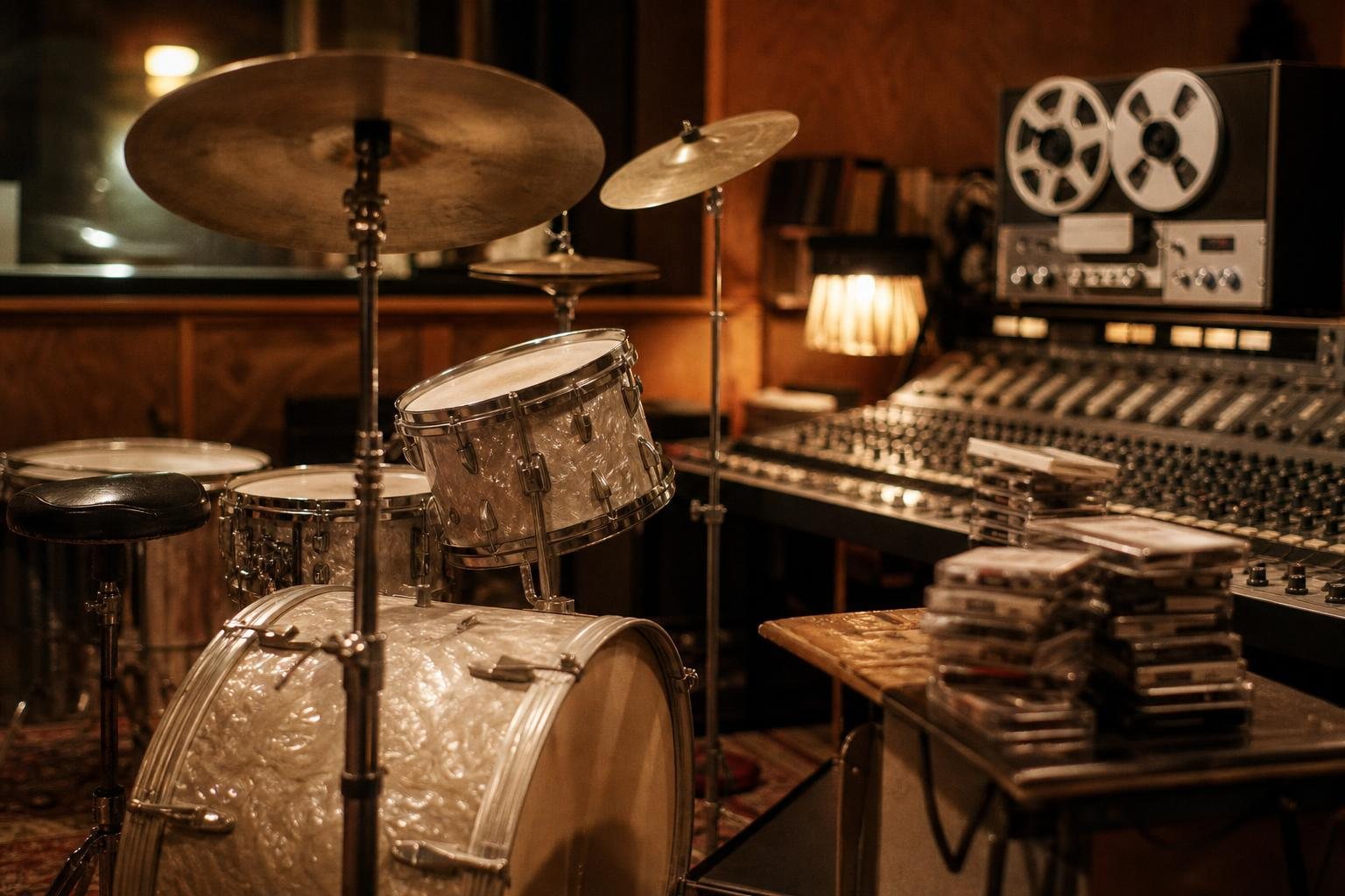 Altes Schlagzeug in einem Tonstudio der Siebzigerjahre mit Tonbandmaschine und Kassetten auf dem Mischpult (mit AI erstelltes Bild)