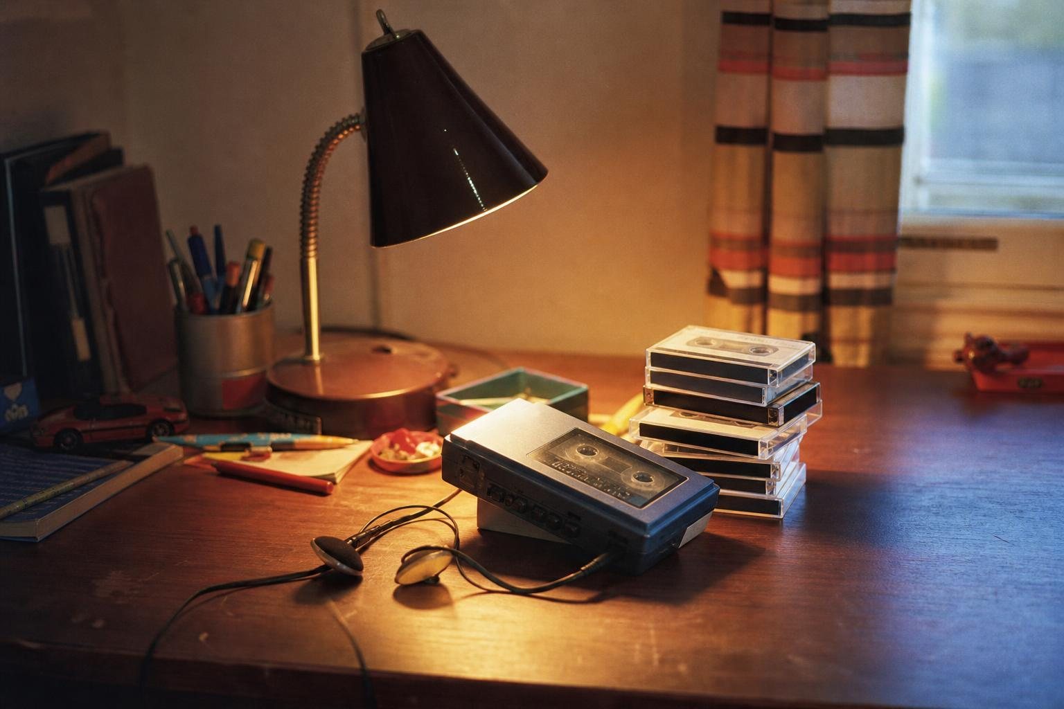 Kinderschreibtisch der Achtzigerjahre mit unbeschrifteten Kassetten, tragbarem Kassettenrekorder und Schreibtischlampe (mit AI erstelltes Bild)