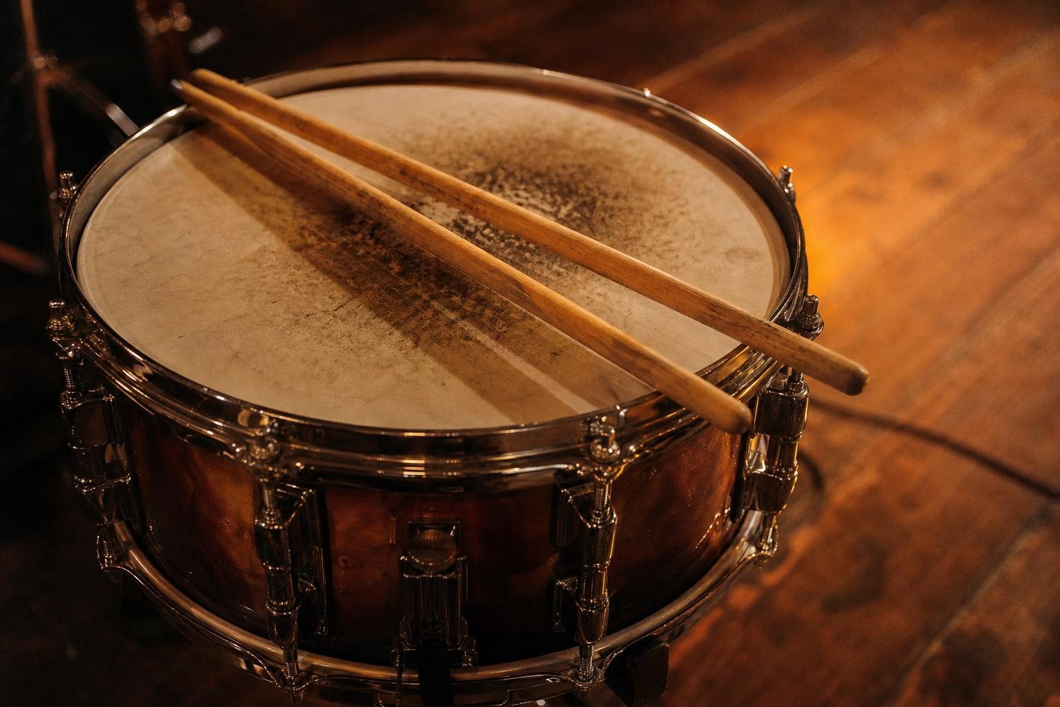 Trommelstöcke auf einer alten Snaredrum auf einer Holzbühne im warmen Licht (mit AI erstelltes Bild)