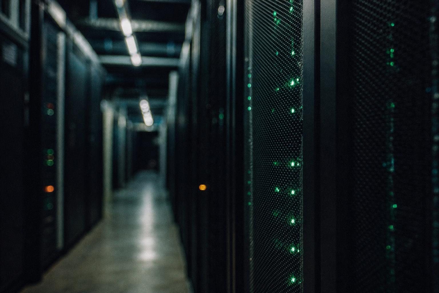 Dunkler Gang in einem Serverraum mit blinkenden grünen Lichtern (mit AI erstelltes Bild)