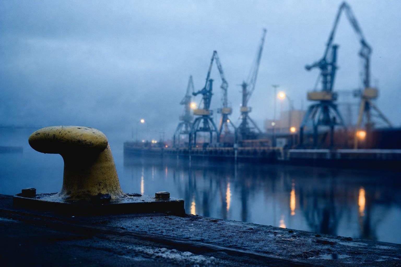 Hafenkräne in einem skandinavischen Hafen in nebliger Dämmerung über stillem Wasser (mit AI erstelltes Bild)