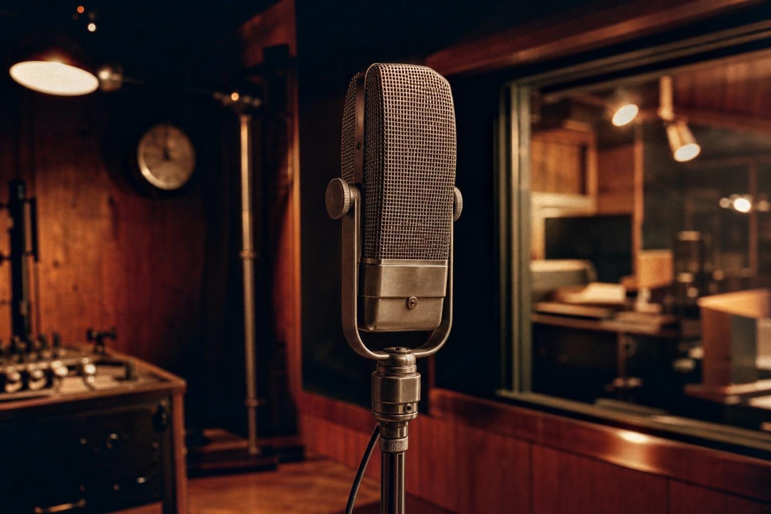 Altes Bändchenmikrofon in einem holzvertäfelten Radiostudio im goldenen Licht (mit AI erstelltes Bild)