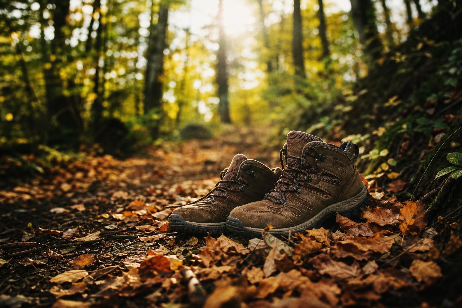 Wanderschuhe auf einem laubbedeckten Waldweg im Sonnenlicht (mit AI erstelltes Bild)