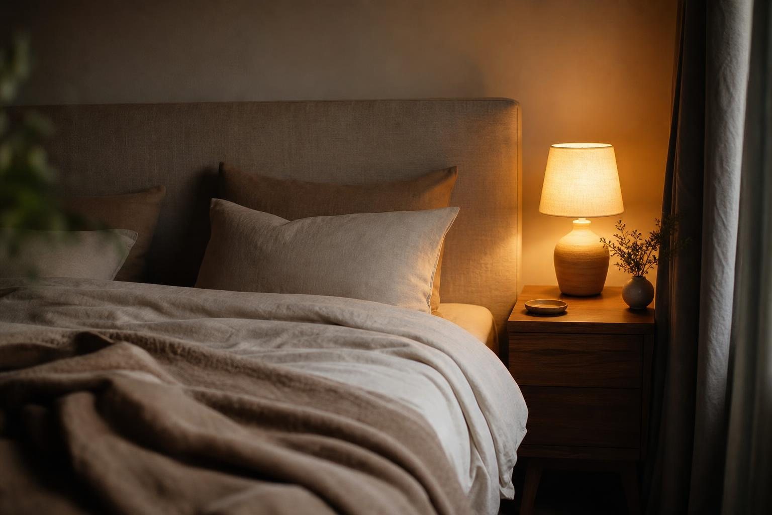 Gemütliches Schlafzimmer mit gemachtem Bett und sanfter Nachttischlampe (mit AI erstelltes Bild)