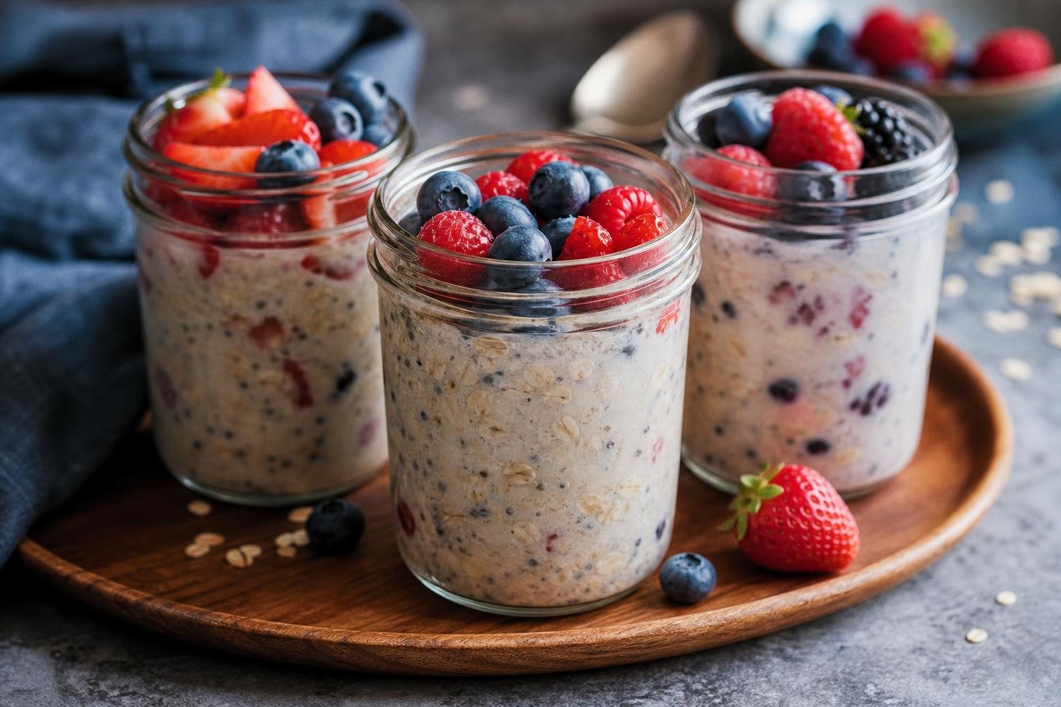 Drei Gläser Overnight Oats mit Beeren auf einem Tablett (mit AI erstelltes Bild)
