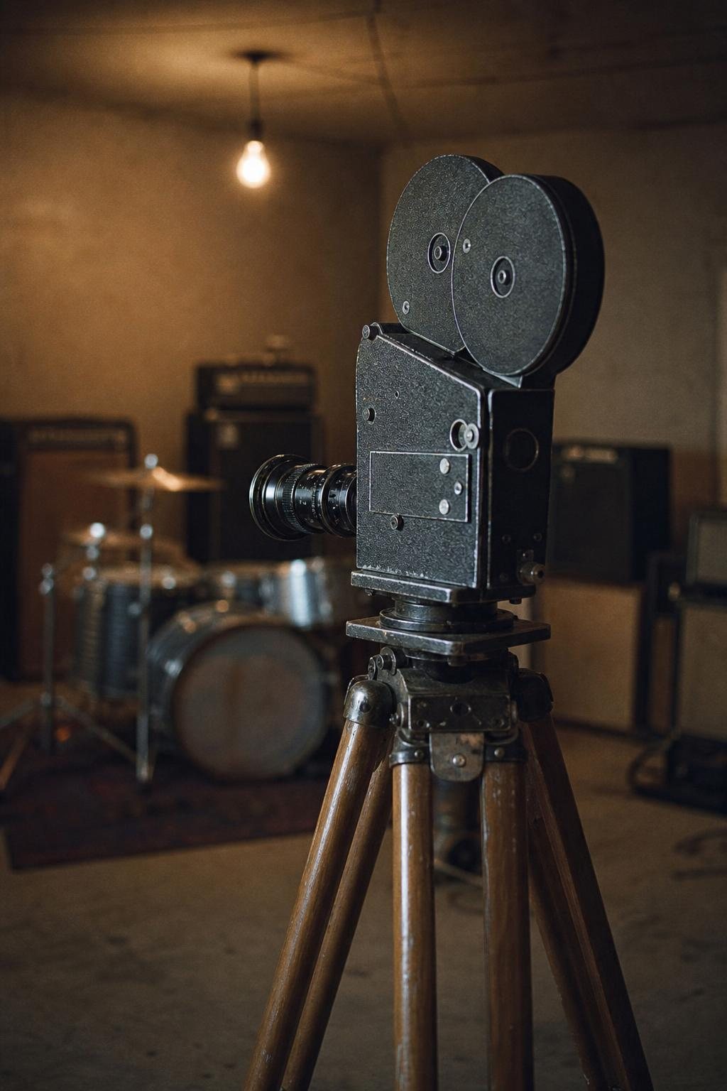 Alte 16-mm-Filmkamera auf einem Holzstativ in einem leeren Proberaum, dahinter unscharf Verstärker und ein Schlagzeug (mit AI erstelltes Bild)