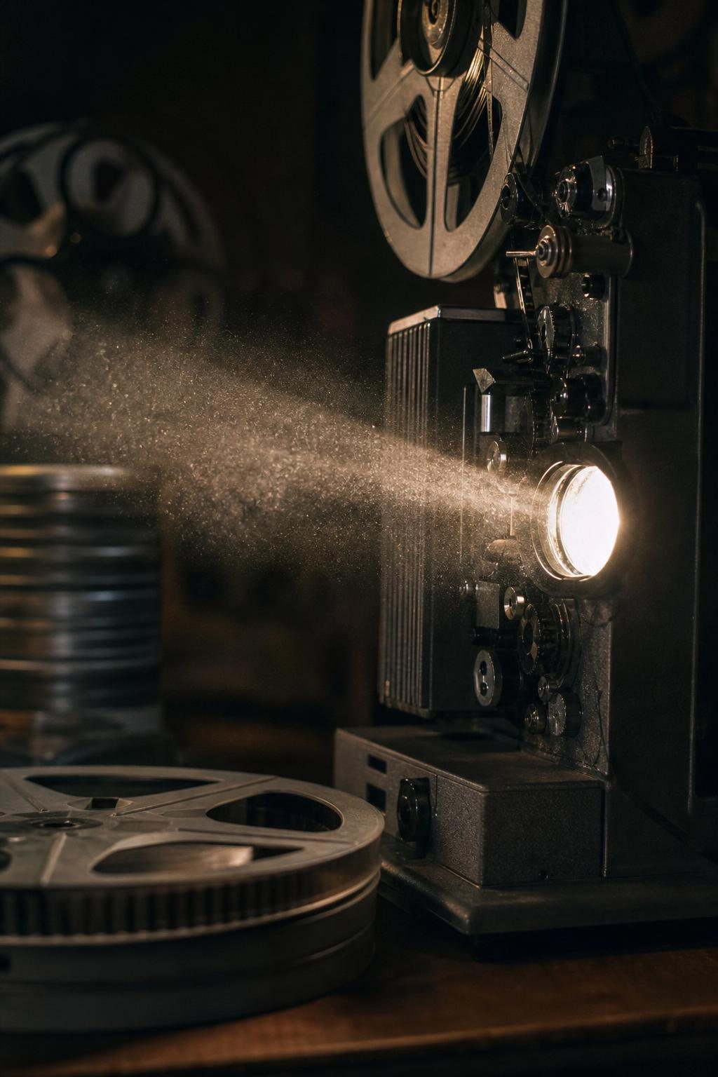 Laufender 16-mm-Filmprojektor im dunklen Raum, der Lichtstrahl voller Staub (mit AI erstelltes Bild)
