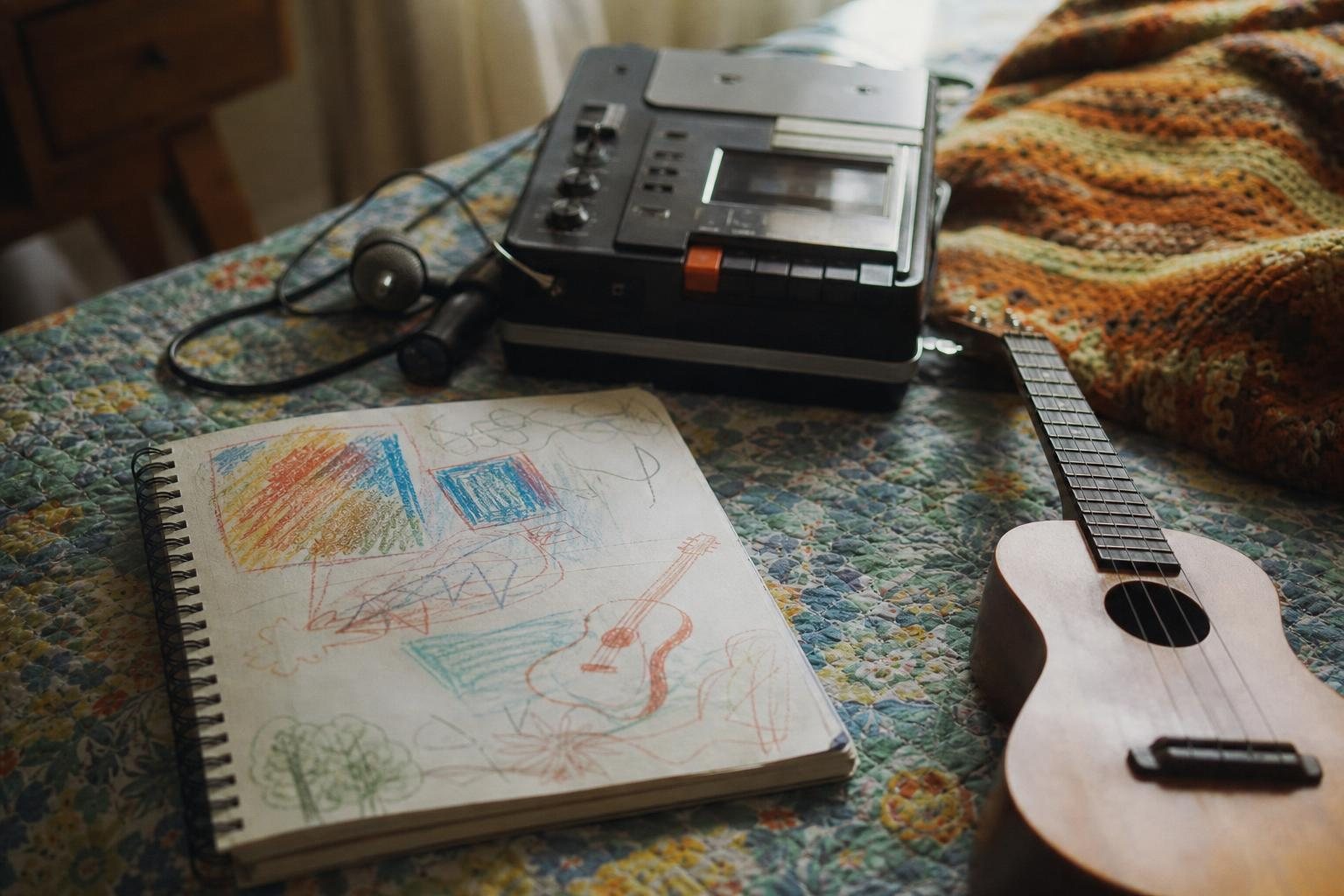 Notizbuch mit Wachsmalkritzeleien, Vierspur-Kassettenrekorder und Ukulele auf einer gemusterten Bettdecke (mit AI erstelltes Bild)