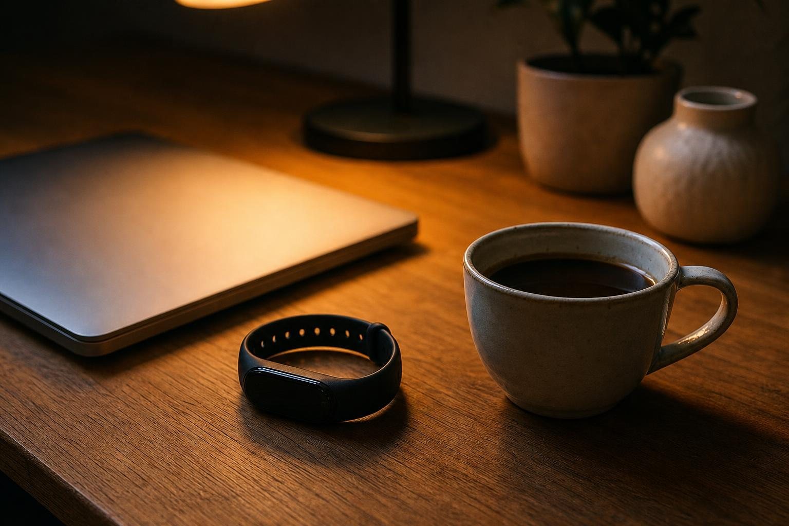 Fitnessarmband und eine Tasse Kaffee auf einem Holzschreibtisch neben einem zugeklappten Laptop (mit AI erstelltes Bild)