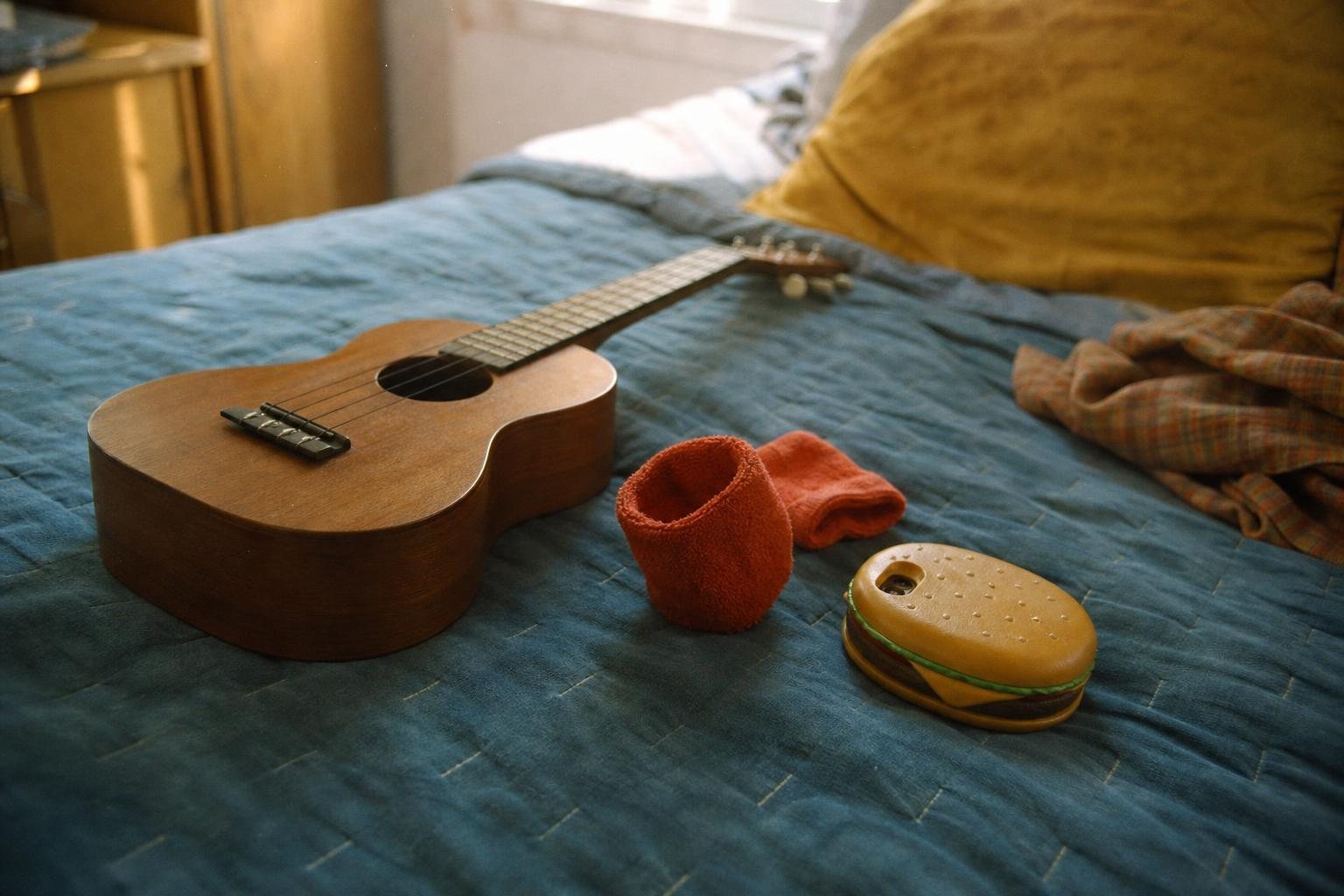 Ukulele, ein Telefon in Hamburgerform und orangefarbene Schweißbänder auf einem Bett im Jugendzimmer (mit AI erstelltes Bild)