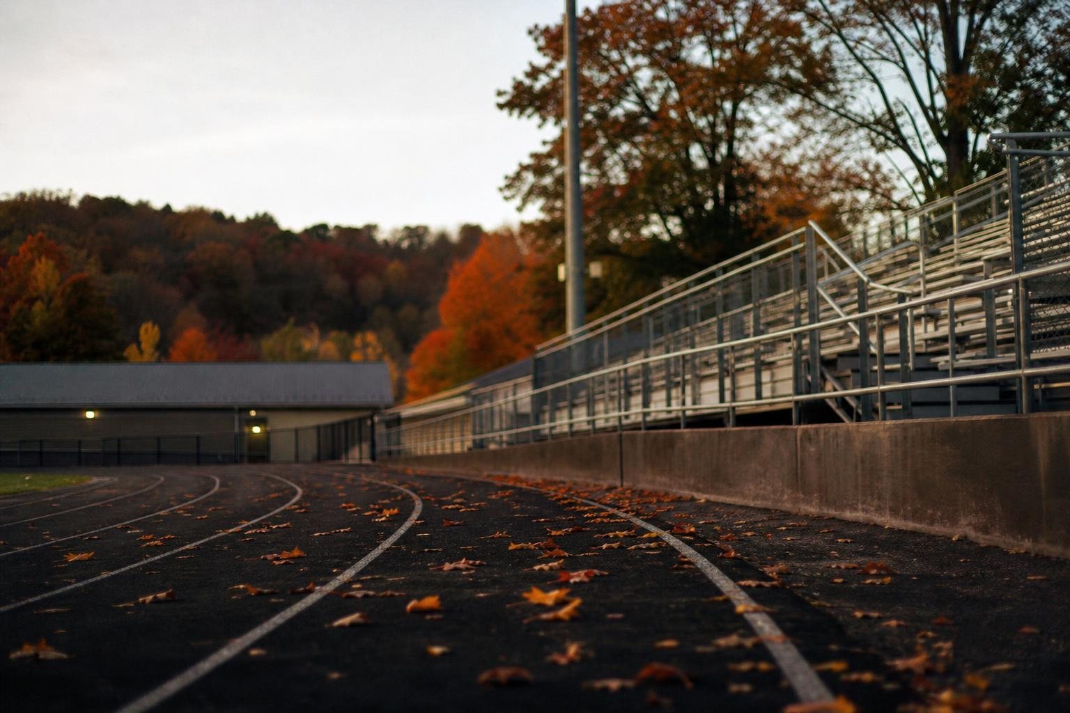 Leere Laufbahn einer Highschool in einer amerikanischen Vorstadt im Herbst mit Laub und Tribüne (mit AI erstelltes Bild)