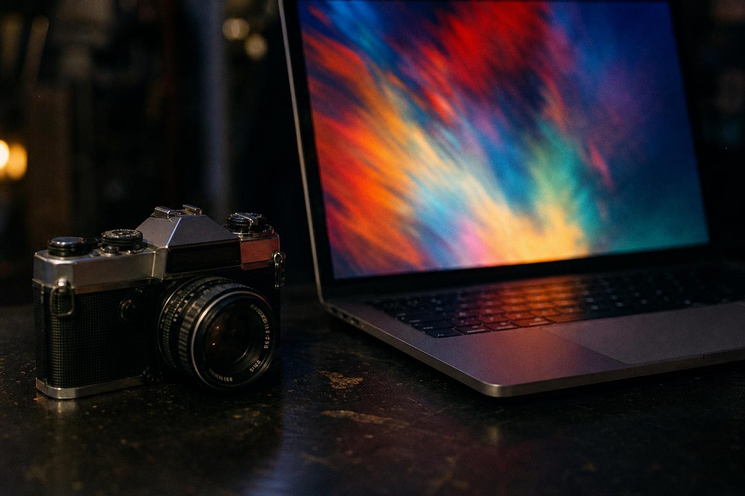 Alte Filmkamera neben einem Laptop, dessen Bildschirm ein abstraktes buntes Muster zeigt (mit AI erstelltes Bild)