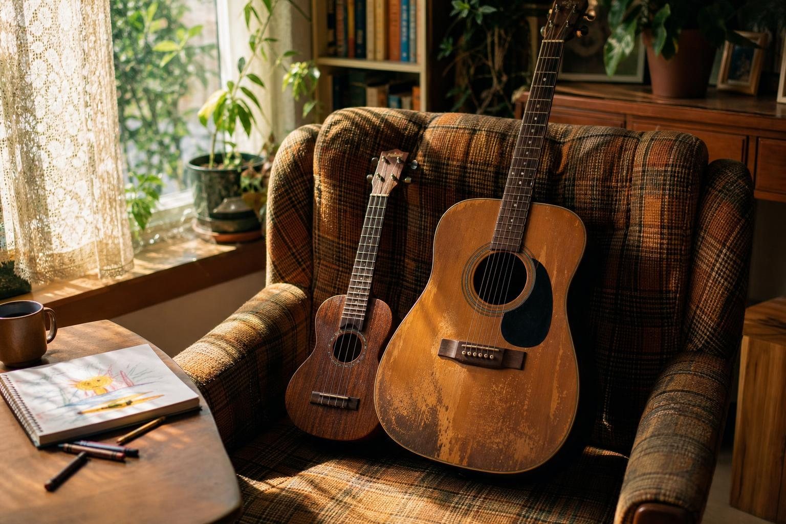 Abgenutzte Akustikgitarre und Ukulele an einem Secondhand-Sessel in einem gemütlichen Wohnzimmer (mit AI erstelltes Bild)