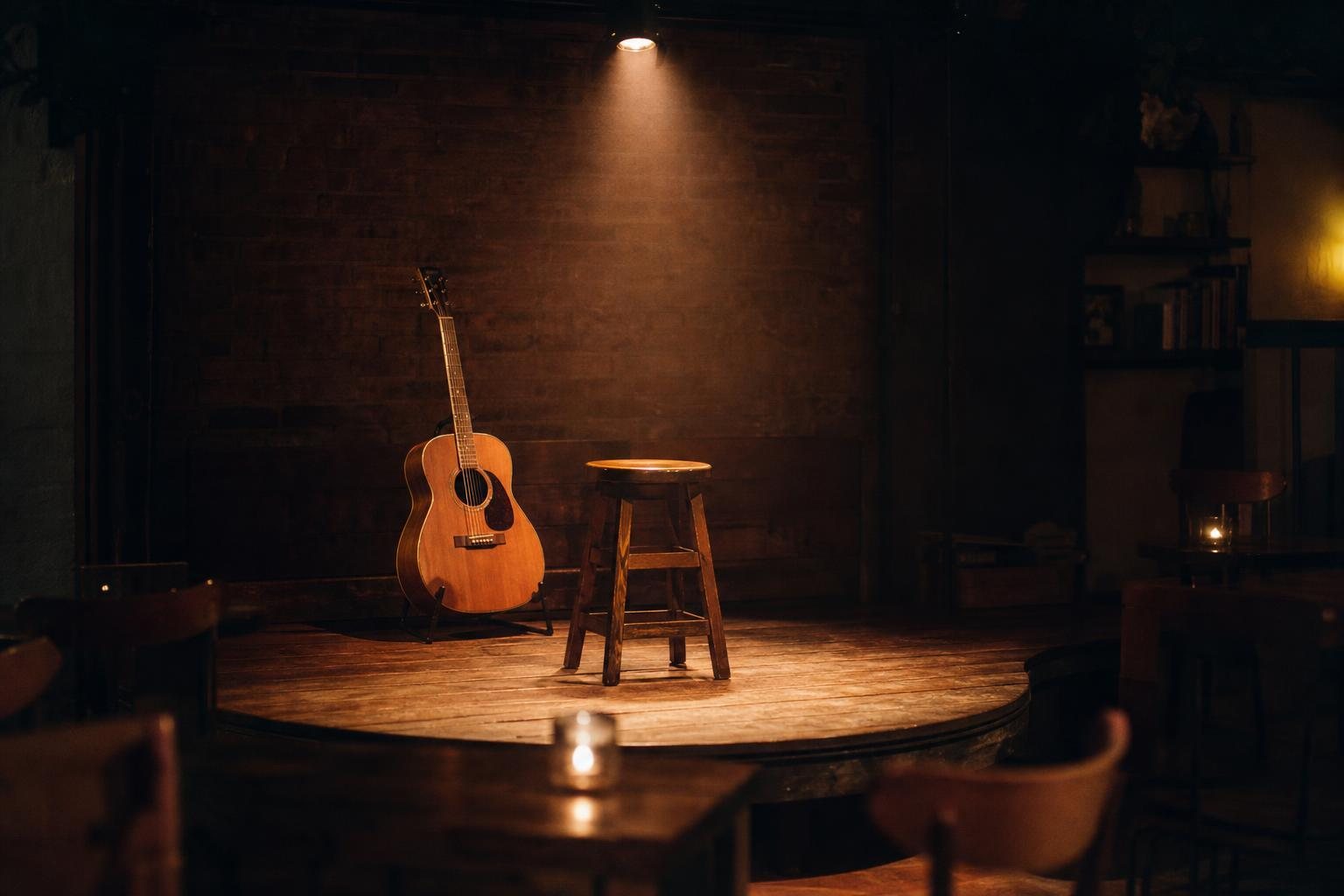 Holzhocker und Akustikgitarre unter einem Spotlicht auf der winzigen Bühne eines leeren Cafés (mit AI erstelltes Bild)
