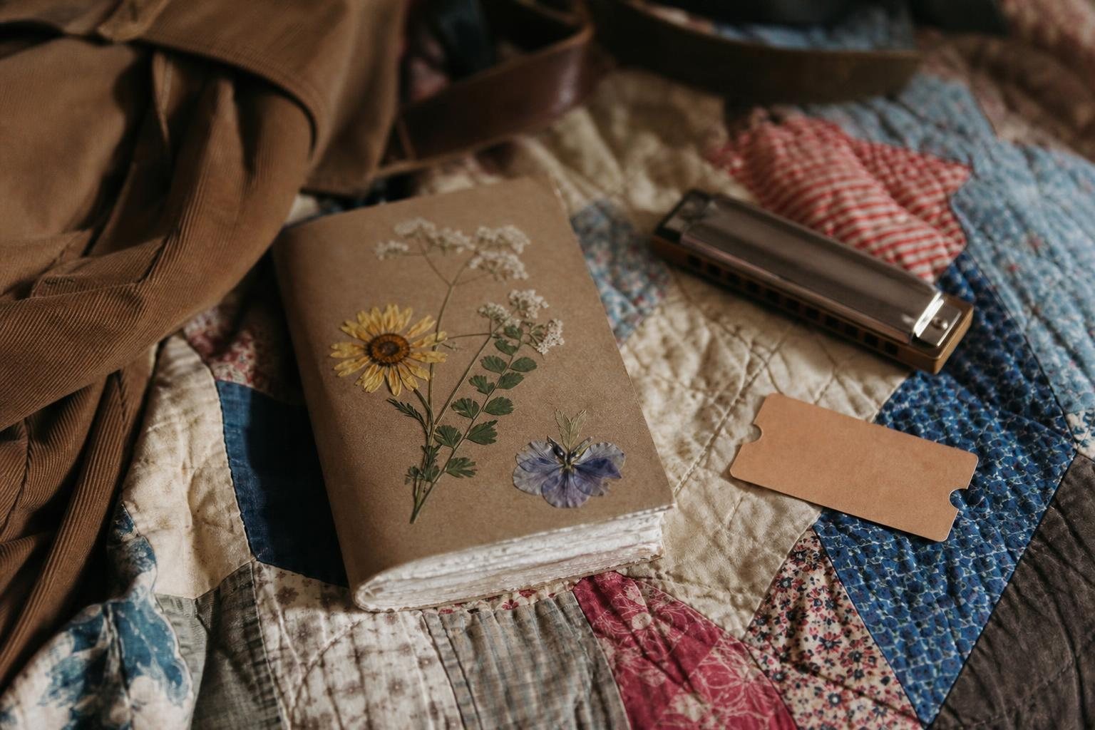 Selbstgemachtes Tourtagebuch mit gepressten Blumen, Zugticket ohne Schrift und Mundharmonika auf einer Steppdecke (mit AI erstelltes Bild)