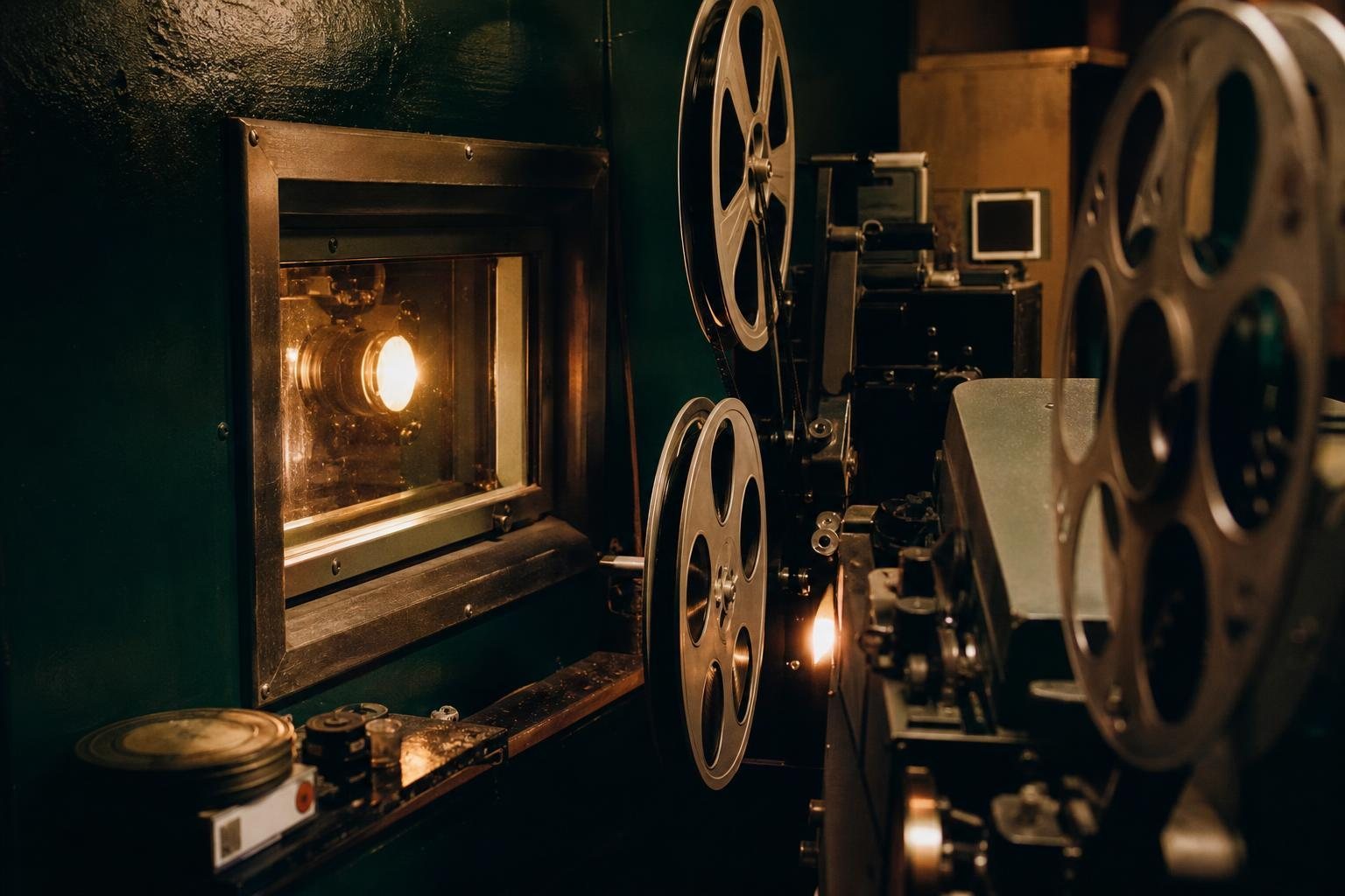 Vorführraum eines Kinos mit leuchtendem Projektorfenster und Filmrollen in Grün und Bernstein (mit AI erstelltes Bild)