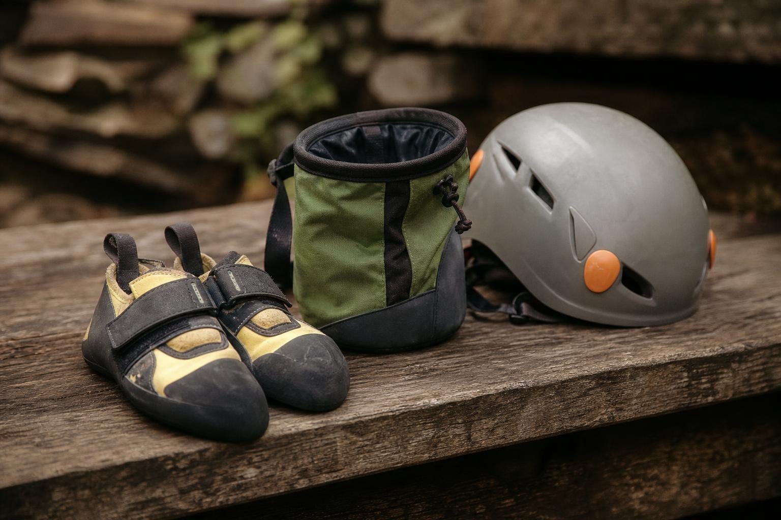 Kleine Kletterschuhe, Kreidebeutel und Helm auf einer Holzbank (mit AI erstelltes Bild)