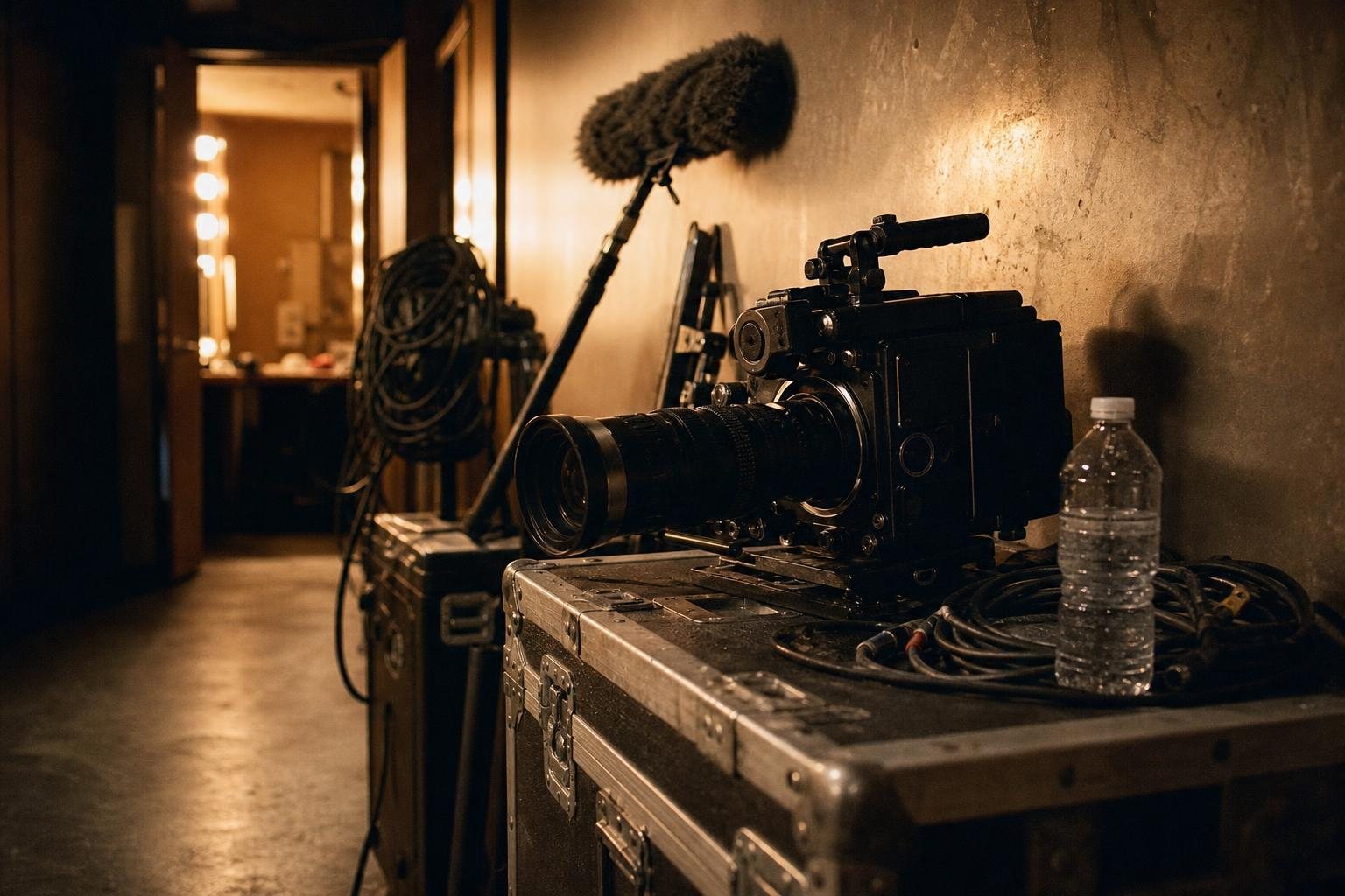Filmkamera und Tonangel auf einem Transportkoffer in einem Backstage-Flur, hinten eine offene Garderobentür im warmen Licht (mit AI erstelltes Bild)