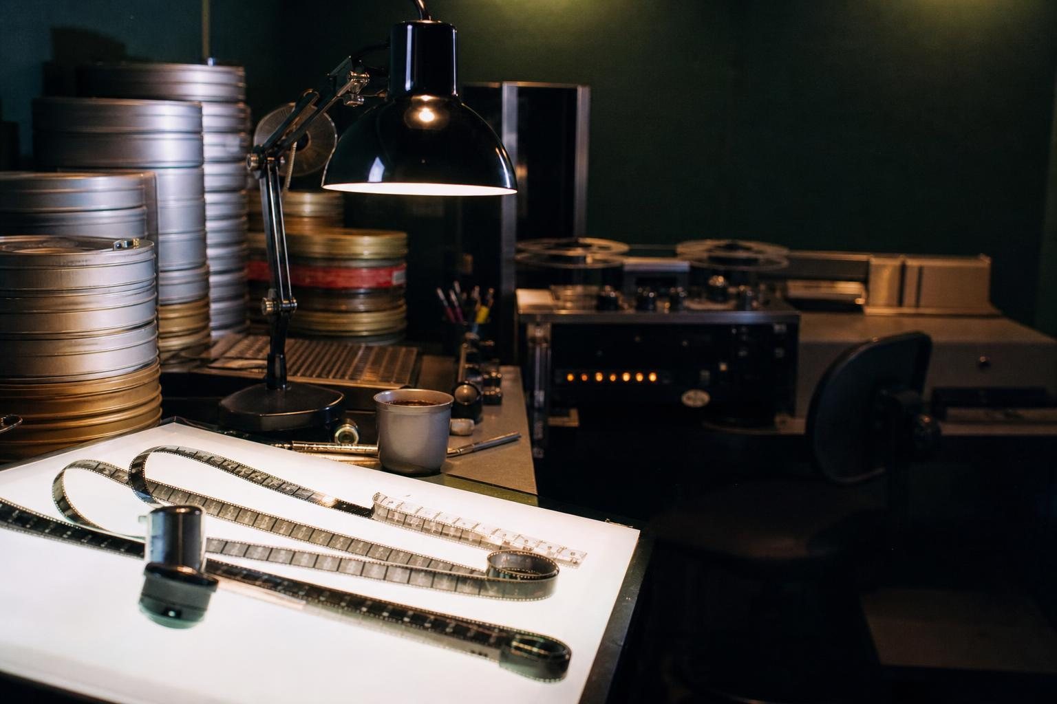 Schneidetisch bei Nacht mit Filmdosen, Tonbändern und 16-mm-Filmstreifen auf einem Leuchttisch unter einer Schreibtischlampe (mit AI erstelltes Bild)