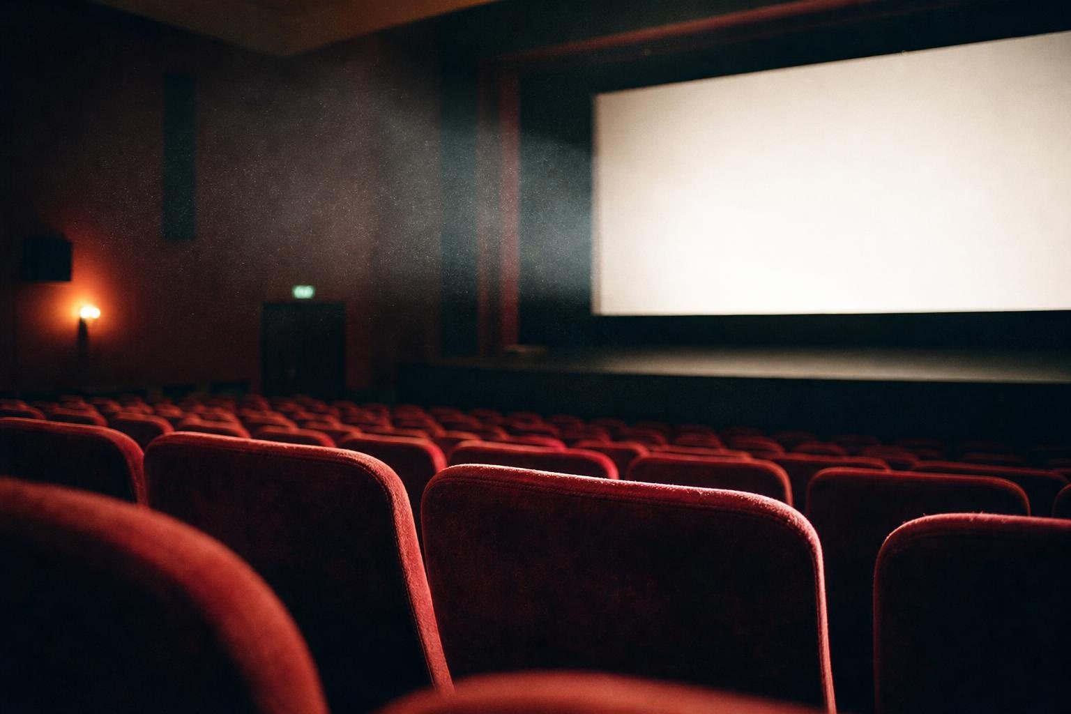 Leerer Saal eines kleinen Programmkinos mit roten Samtsitzen vor einer hell leuchtenden Leinwand (mit AI erstelltes Bild)