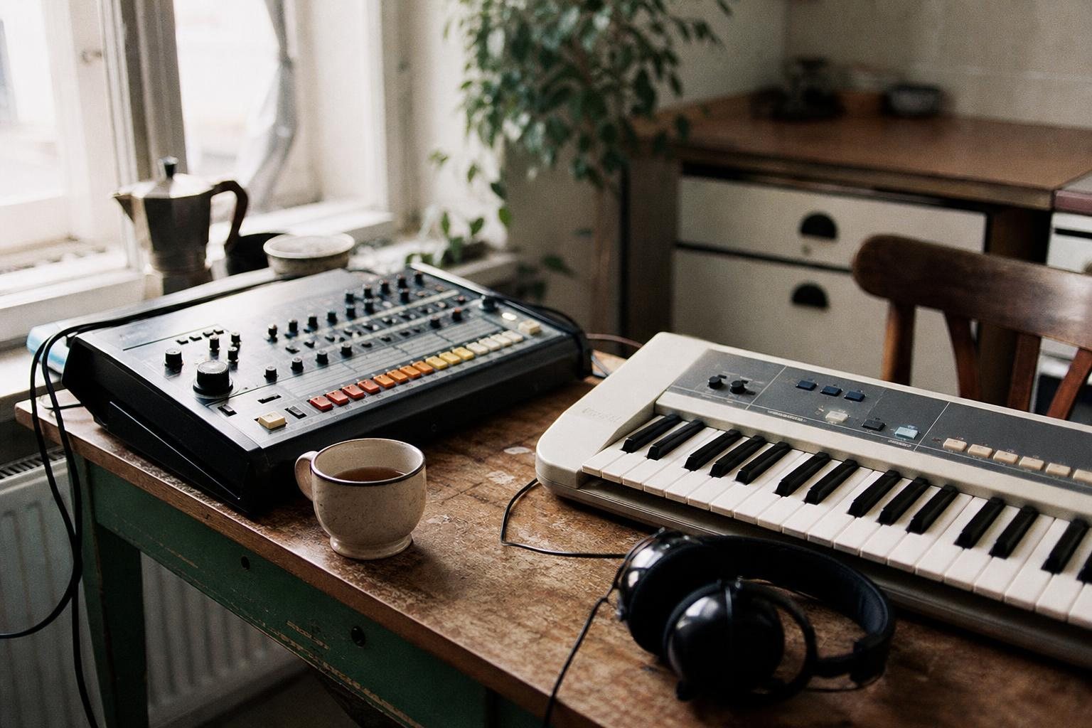 Alter Drumcomputer und billiges Keyboard auf einem Küchentisch neben einer Tasse Tee (mit AI erstelltes Bild)
