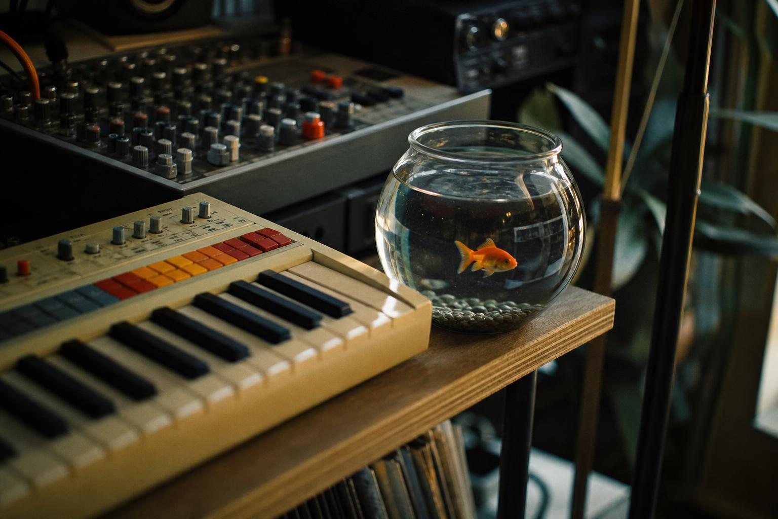 Kleines rundes Goldfischglas auf einem Regal neben einem Spielzeugkeyboard in einem Heimstudio (mit AI erstelltes Bild)