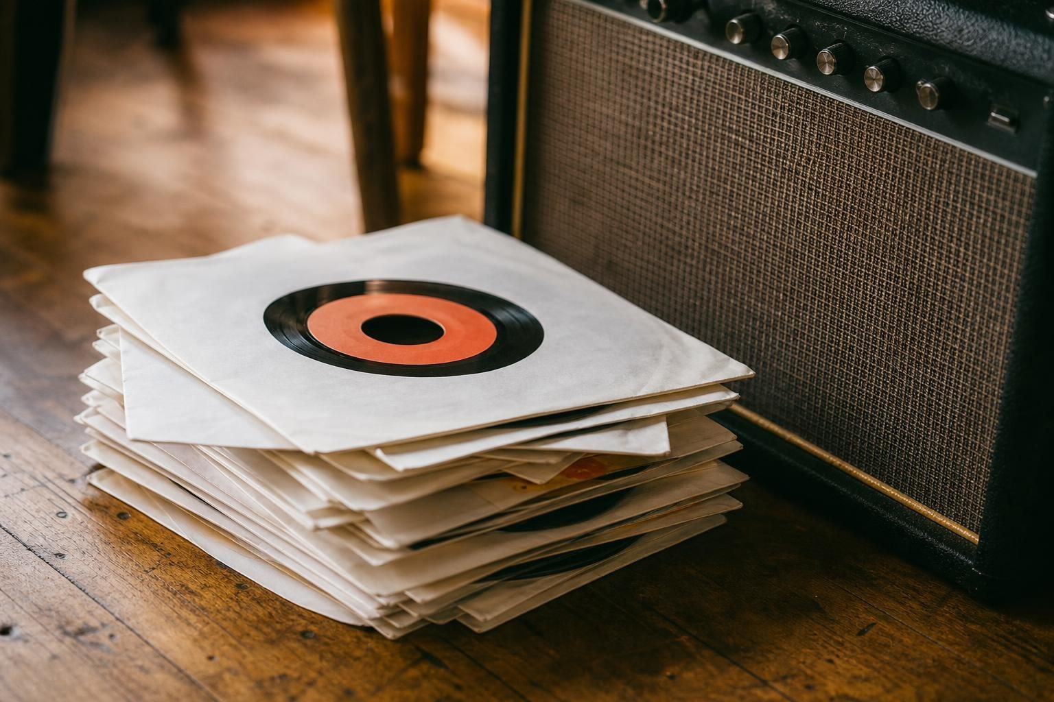 Stapel Siebenzoll-Singles in schlichten Papierhüllen neben einem kleinen Gitarrenverstärker (mit AI erstelltes Bild)