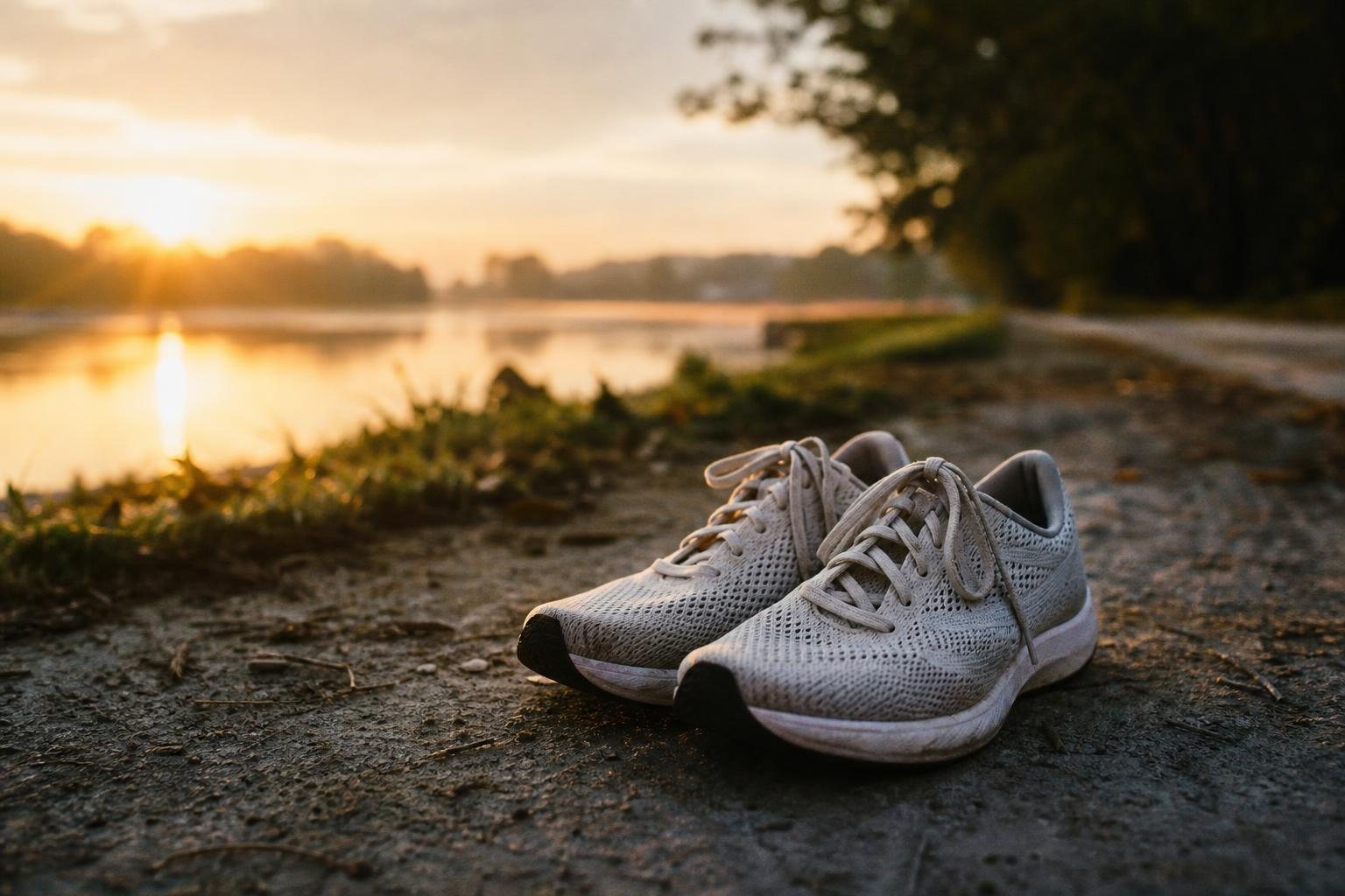 Laufschuhe auf einem Uferweg in der Morgendämmerung (mit AI erstelltes Bild)