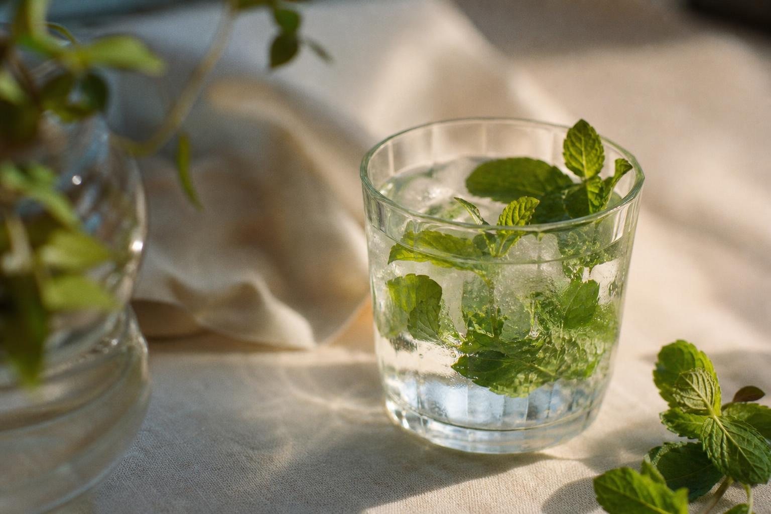 Glas Wasser mit Minzblättern und Eis auf einem hellen Tisch (mit AI erstelltes Bild)