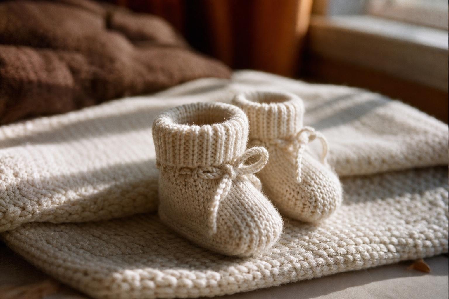 Winzige gestrickte Babyschuhe auf einer gefalteten weichen Decke im Fensterlicht (mit AI erstelltes Bild)