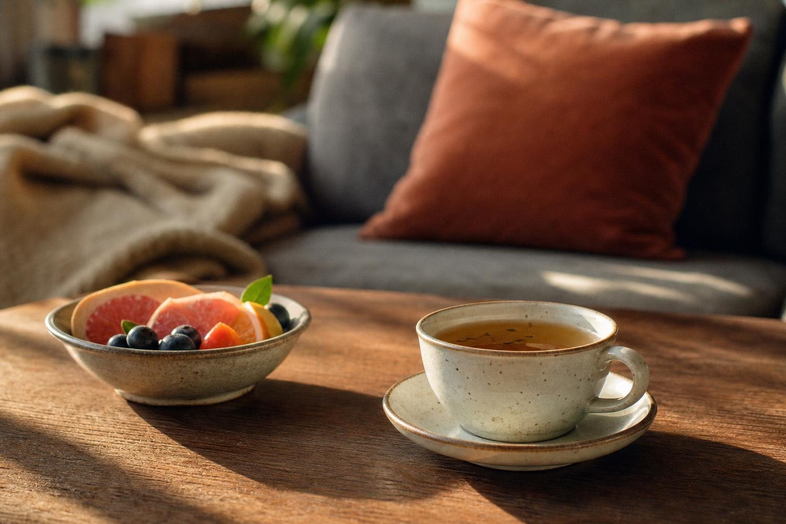 Tasse Kräutertee, Obstschale und Kissen auf einem Sofa am Nachmittag (mit AI erstelltes Bild)