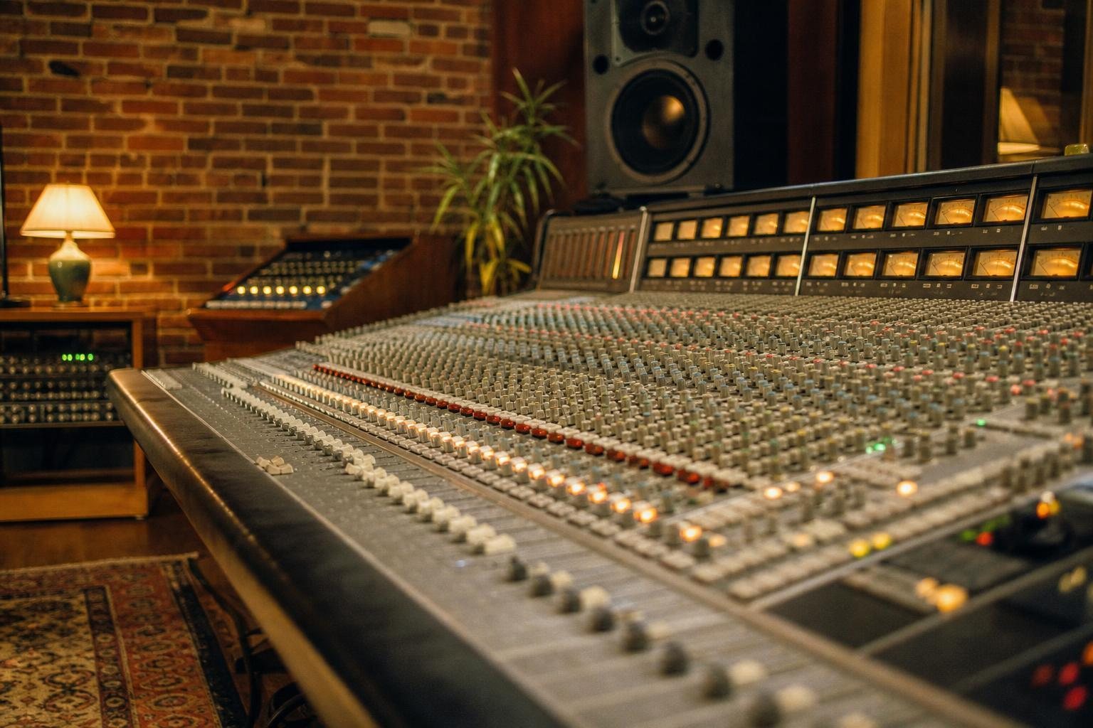 Großes analoges Mischpult mit Fadern und Reglern in einem Tonstudio vor einer Backsteinwand (mit AI erstelltes Bild)