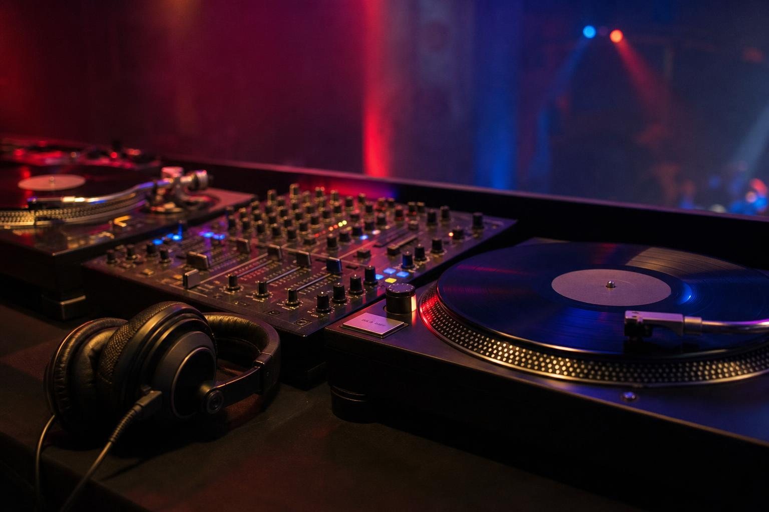 Zwei Plattenspieler, ein DJ-Mixer und geschlossene Kopfhörer in einer dunklen Kabine (mit AI erstelltes Bild)