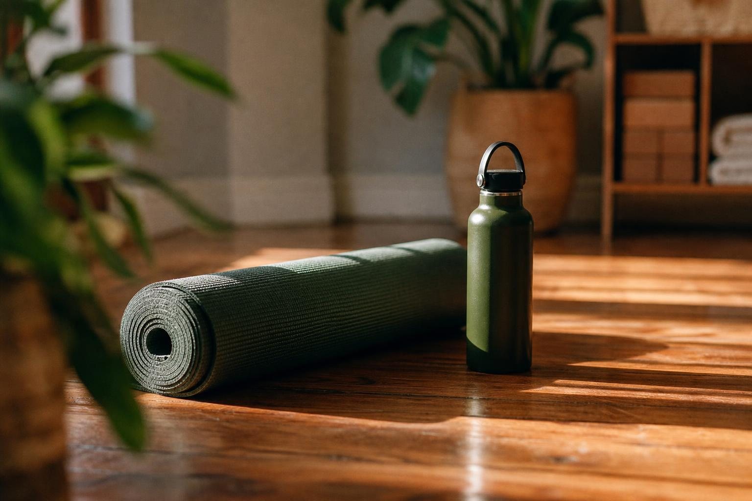 Zusammengerollte Yogamatte und Trinkflasche auf einem Holzboden in einem sonnigen Raum (mit AI erstelltes Bild)