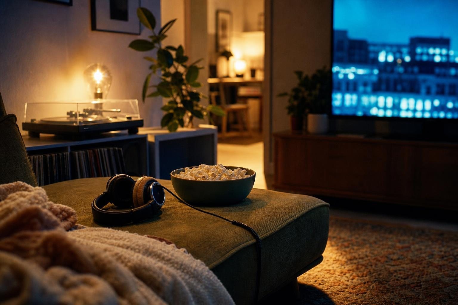 Wohnzimmer bei Nacht im Licht eines Fernsehers, Plattenspieler und Kopfhörer auf dem Sofa (mit AI erstelltes Bild)