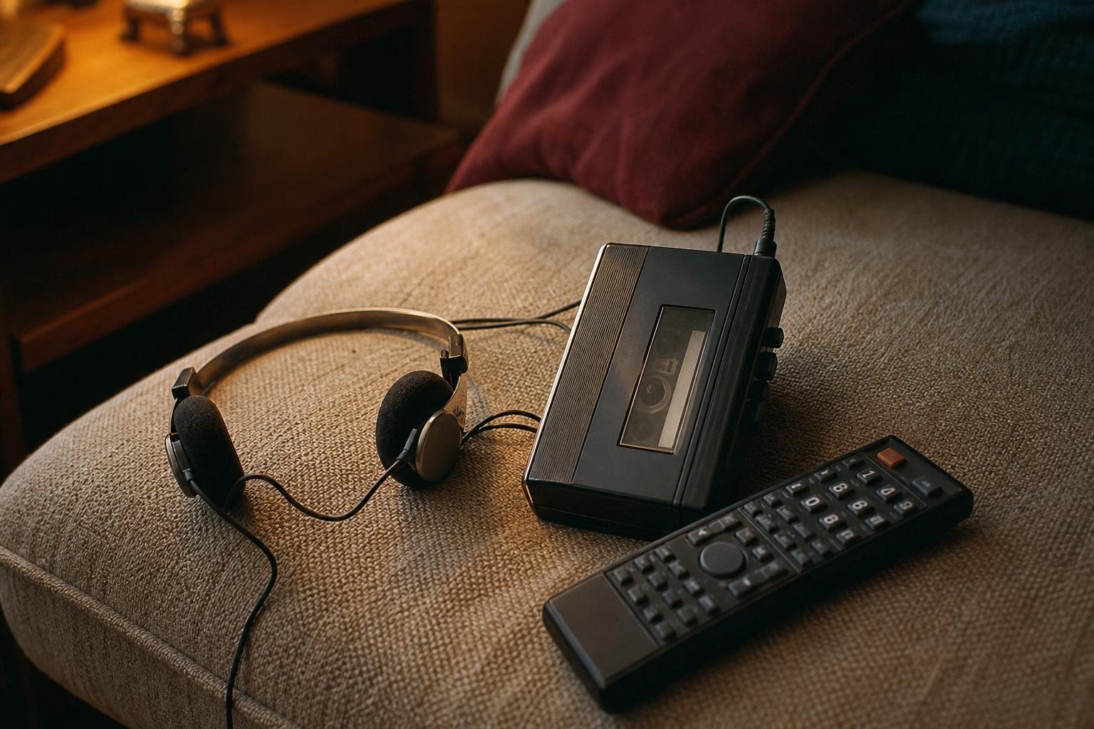 Kassetten-Walkman, Schaumstoffkopfhörer und Fernbedienung auf einem Sofakissen (mit AI erstelltes Bild)